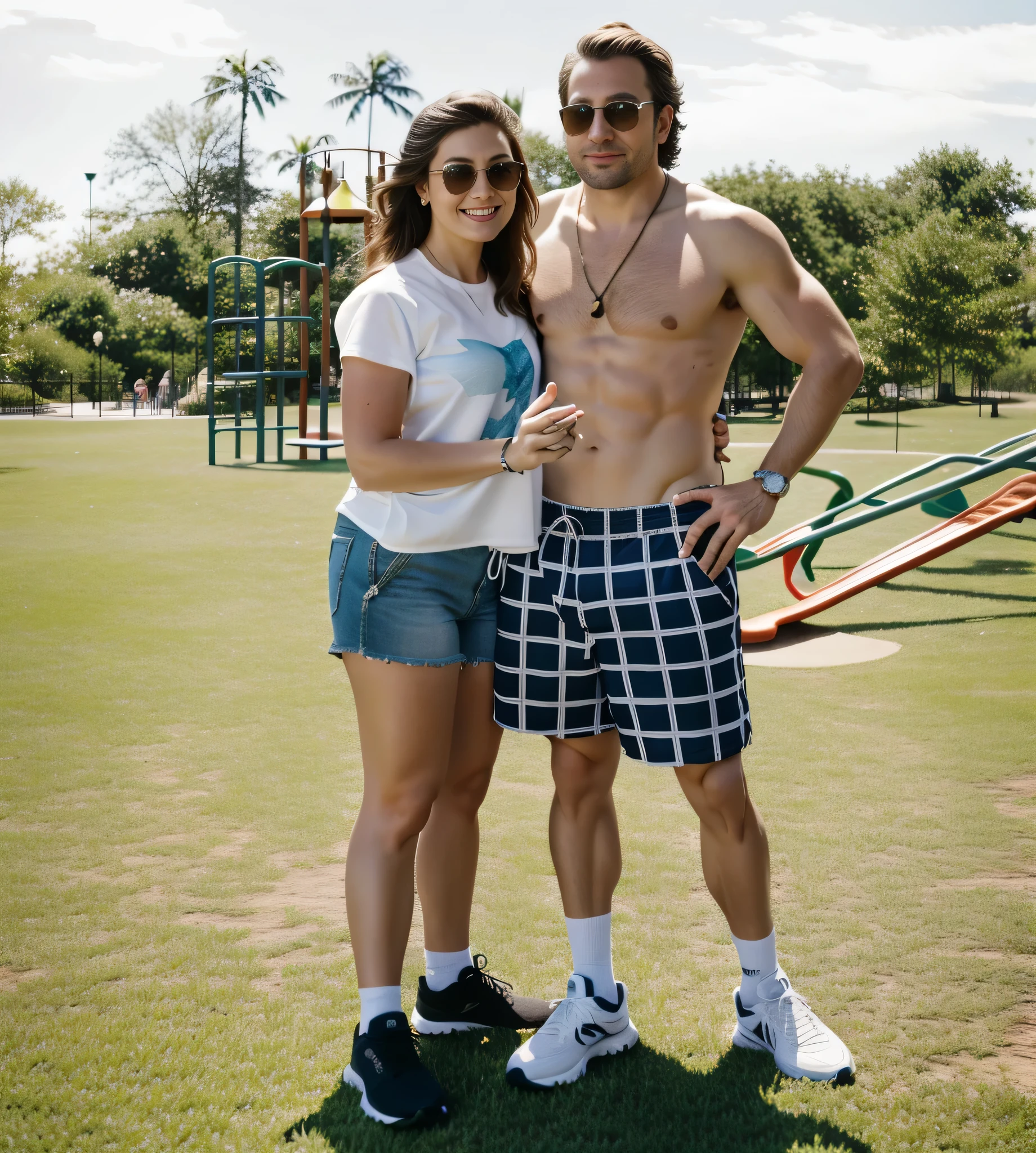 here is a white man and a white woman, standing em um parque with a playground in the background, em um parque, com um parque ao fundo, no parque em um lindo dia, estacionamento ao fundo. Vestindo shorts, wears a tank top and shorts Clear photo, alta qualidade, high resolution, obra de arte, 8k.