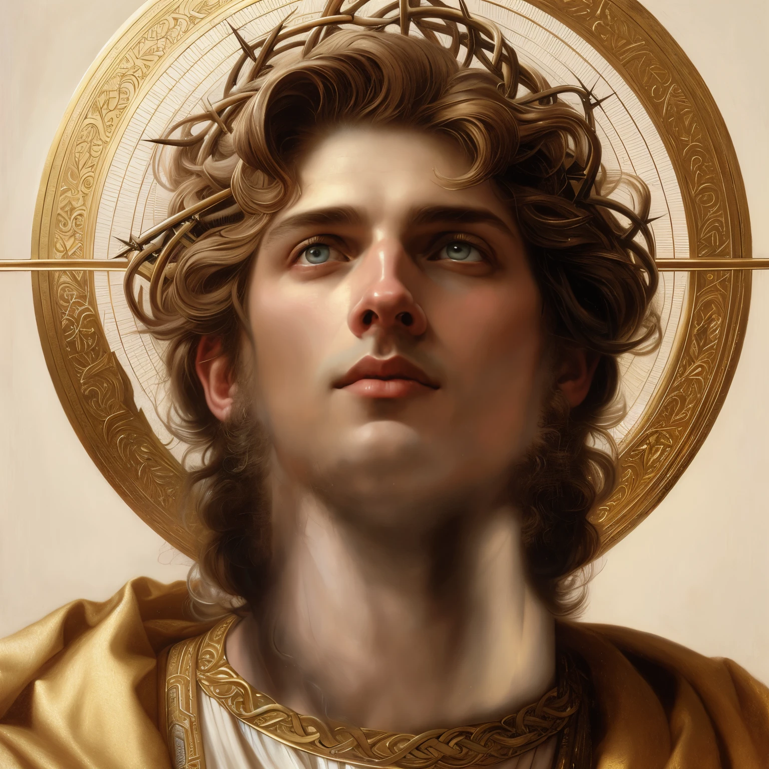 a painting of a man with a Crown of thorns on his head, lindo santo de ouro, gilded gold halo behind head, pintura digital do mito grego, renaissanCe digital painting, J.. C. leyendeCker 8 k, Rob Rey, Artgerm e William Bouguereau, inspired by Carl HeinriCh BloCh, male with halo, hiperdetalhado | donato gianCola