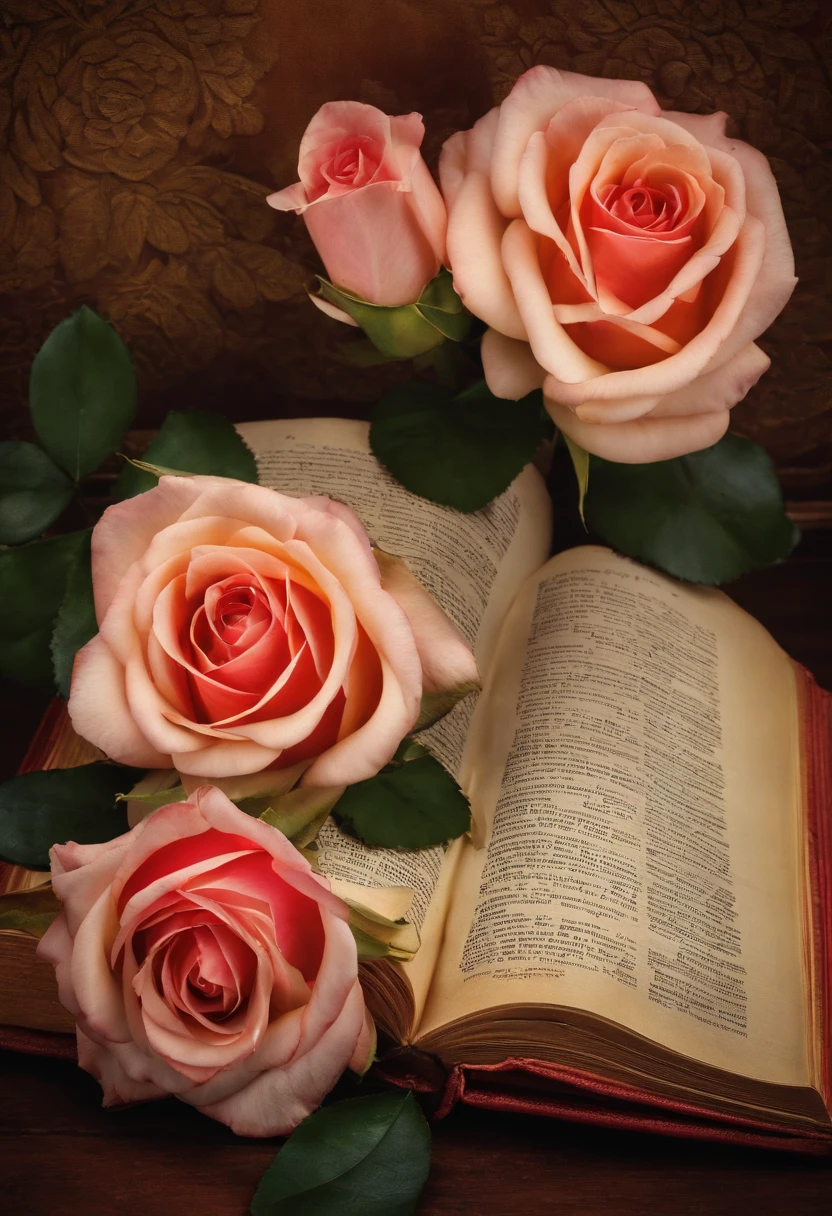 Uma biblia aberta com rosas e espinhos ao seu redor.