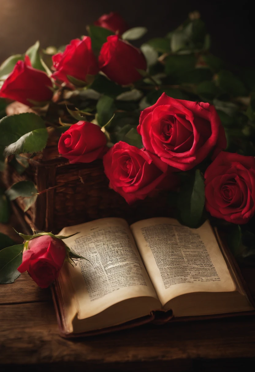 Uma biblia aberta com rosas e espinhos ao seu redor.