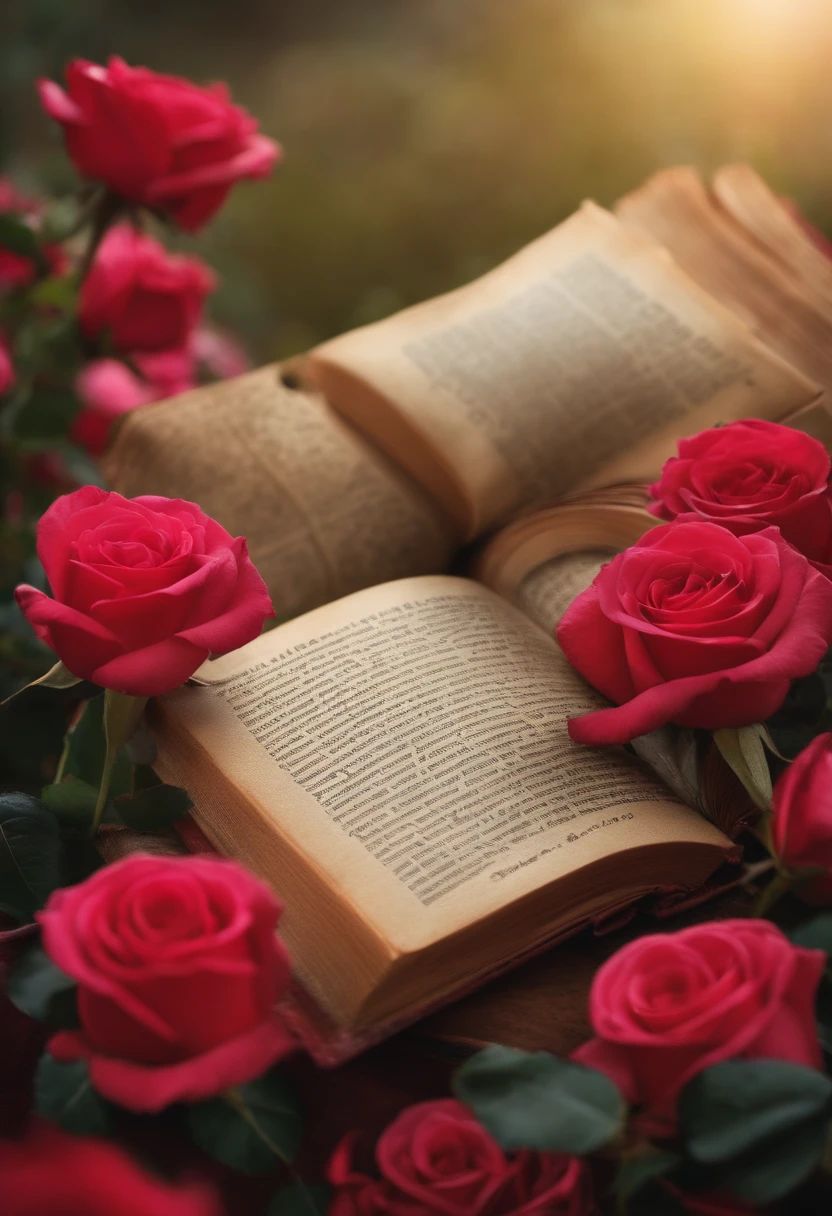 Uma biblia aberta com rosas e espinhos ao seu redor.