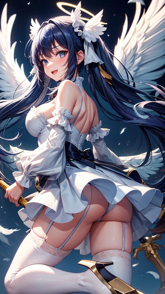 1girl, solo, long hair, breasts, looking at viewer, blush, smile, open mouth, bangs, large breasts, hair ornament, thighhighs, hat, dress, ribbon, holding, bare shoulders, twintails, (((全裸))), blue hair, blue eyes, hair ribbon, weapon, flower, thighs, detached sleeves, wings, looking back, from behind, holding weapon, high heels, white thighhighs, low twintails, white headwear, garter straps, halo, feathered wings, angel wings, angel