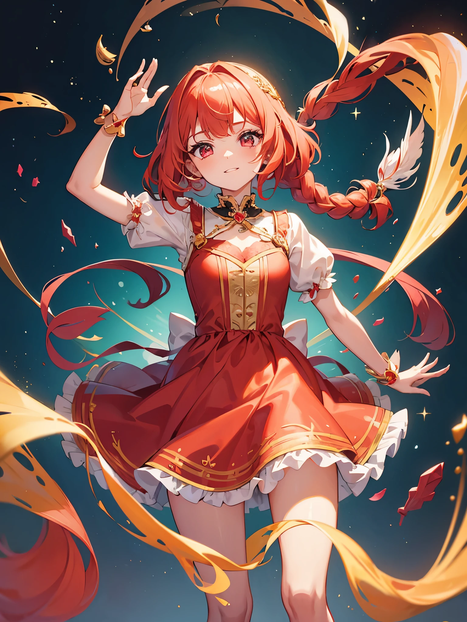 1girl, coral hair, plaits, scarlet left eye, gold right eye, ((english style dress)), ((idol)), magical girl