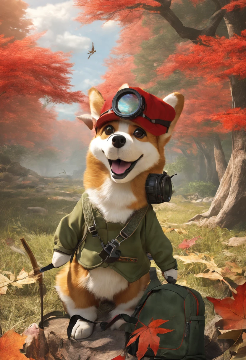 3d rendering (一只戴着眼镜和帽子的Corgi dog站在秋叶之间的小路上), hairy, 绿亮Corgi dog, （Binoculars hanging on chest：1.37）, Green Fashion Adventure Wear,green shorts， Wearing red hiking boots,, cute ears, （Red and green berets：1.34），Red and green camping hat, (Carry a green backpack with you), (trowel), (Camping equipment, )Related to many adventurous tools,(compass：1.37), Curious to explore expressions, cartoon, 4 days,Corgi dog, background: autumn leaves forest trail red forest, autumn forest, red glowing fog, In a red dream, 非常Beautiful forest, Beautiful forest, Beautiful hazy wood, red shading spray, breathable and beautiful trees, breath-taking beautiful trees, red fog, Beautiful forest和树木, Bright but dark red, mangrove,{{masterpiece}},{{{best quality}}},{{Super detailed}}, {{{illustration}}},{{disheveled hair}},character concept art,Game scene graph,clear facial features,close-up photo,photography,Post-apocalyptic days,masterpiece,architectural visualization/Architectural renderings,Quixel Megascans rendering,corona rendered,Render by Octane,V-rays,high detail,super quality,high resolution,Popular topics on artstationh,Super realism,Surrealism,HD,8K tilt-shift,long shot,Split Lighting,