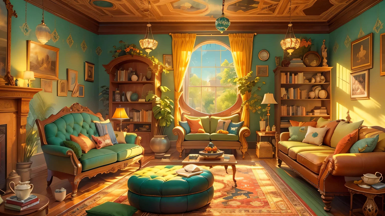 (A living room:1.2),colorful,whimsical,illustration,Large space,unique furniture,Pattern wallpaper,bright colors,playful atmosphere,Cozy fireplace,antique chandelier,Floor to ceiling bookshelves,Huge tea cup as chair,strange clock,oversized playing cards,hanging swing,Charming tea set,Fantasy elements,curious object,hidden door,Decorative carpet,Magical painting,croquet set,caterpillar shaped sofa,Flight card,Detailed wooden furniture,Bright sunlight shines through the window,Warm and comfortable atmosphere,Fantastic lighting,great art.