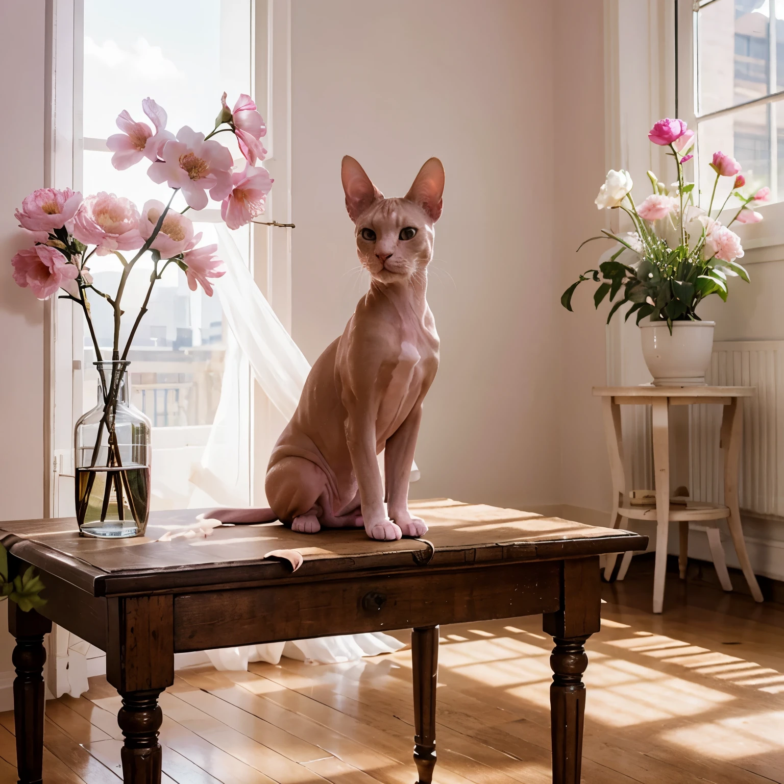 A pink Sphynx cat sits on a table with a flower in a bright room in the foreground, an important pose