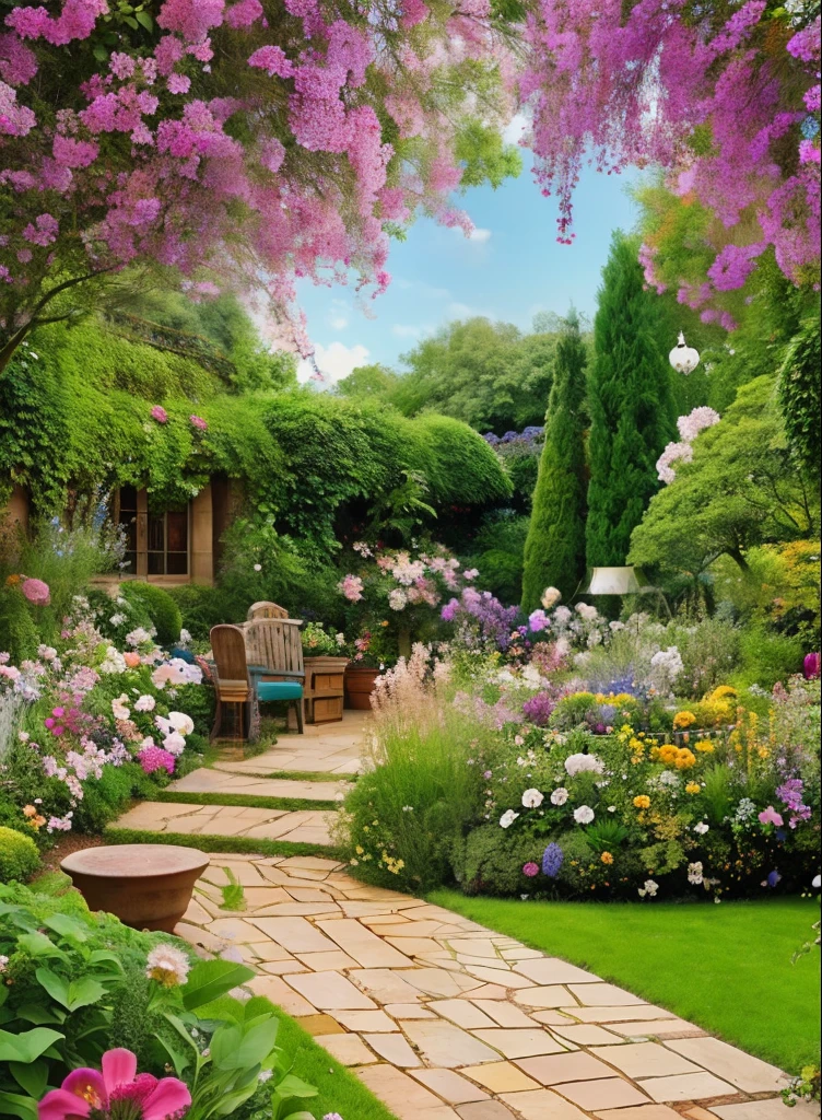 Vision,panoramic,seen from far away,A big garden,Sky:2.5,There are tables and chairs inside, flower garden,Lots of flowers outdoors, Blooming flowers,Colorful flowers,cute style garden,surreal garden,amazing landscape,masterpiece, 16k, high details, super detail