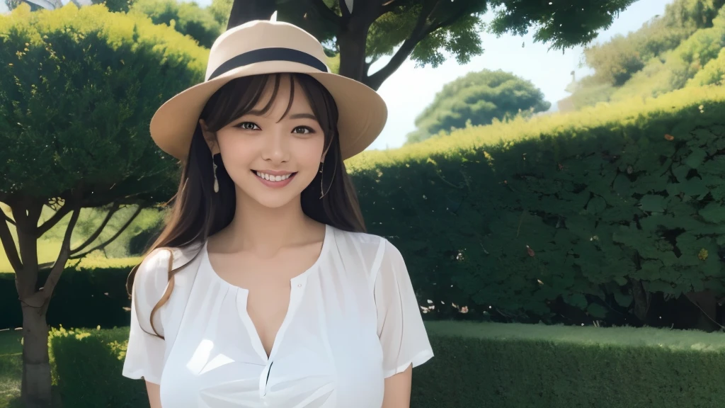 under the tree、apples fall from the tree、A beautiful woman with a beautiful upper body is in the bottom right、hat、bird