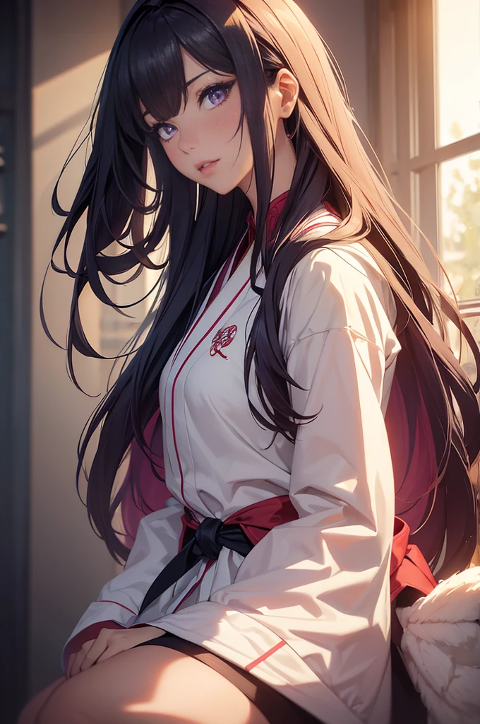 a girl/Character themes: MeiMei，From anime《Jiu-Jitsu Express》, Very detailed, beautiful fine hair, Incredibly detailed faces, Stunningly detailed purple eyes, flawless skin,delicate smile,vibrant red lips,Beautiful features, best quality, masterpiece, best lighting, Colorful anime style, bright colors, soft warm light,Subtle shadows and highlights, High resolution artwork, bright colors,Professional portrait style, Fine strokes, sharp focus, Realistic rendering, masterful composition, Ethereal atmosphere, Gentle warm colors, studio lighting effects