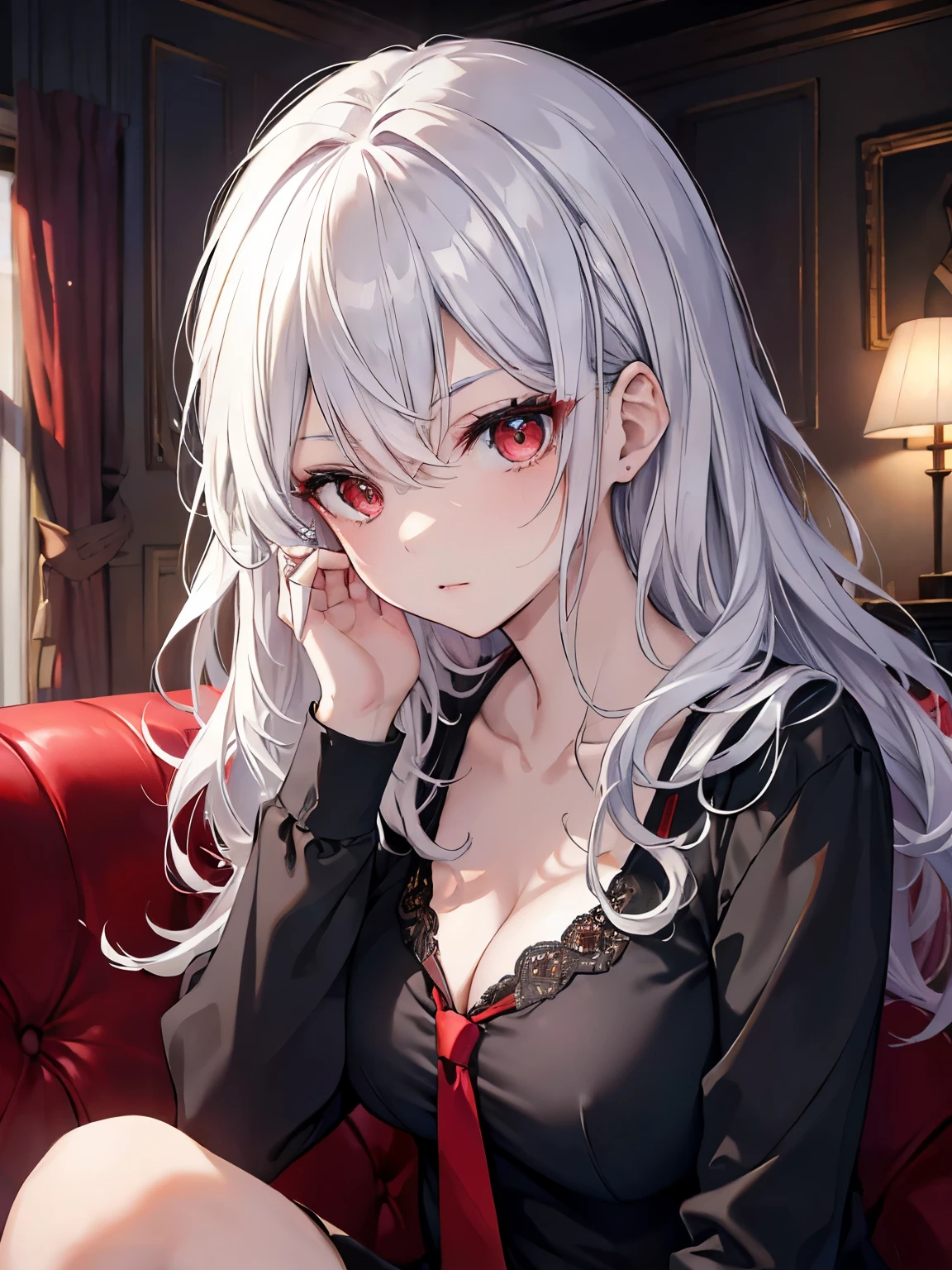 Beautiful caucasian woman, (black_shirt, red tie), solo, (mature woman), skinny, (red eyes), detailed eyes, black eyeshadow, (silver hair), hair clips, (wavy hair, hair strands, messy hair), collarbone, (beautiful round breasts), sitting on couch, cinematic lighting, intricate details, indoors, portrait, looking at the viewer, professional, HD, 8K, (absurdres:1.2), ultra-detailed, (masterpiece, best quality), vivid colors, bokeh, highly focused, professional photography, close-up face, (detailed face)