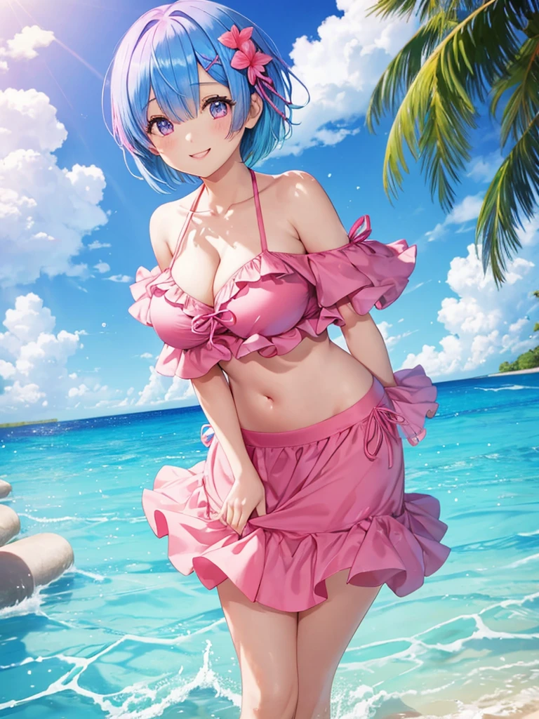 Re:zero,2 girls,(one girl:Rem,blue hair, short hair),(Other Girls:rum,pink hair, short hair) , standing on a tropical beach in the Maldives。Sparkling, colorful, Floral, (She wears an off-shoulder bikini and a short flared skirt.), smile, at the viewer, floating hair, bangs, looking at the viewer, cute face, masterpiece, highest quality, 8k wallpaper, High resolution, (scenery), perfect anatomy,cute,smile,