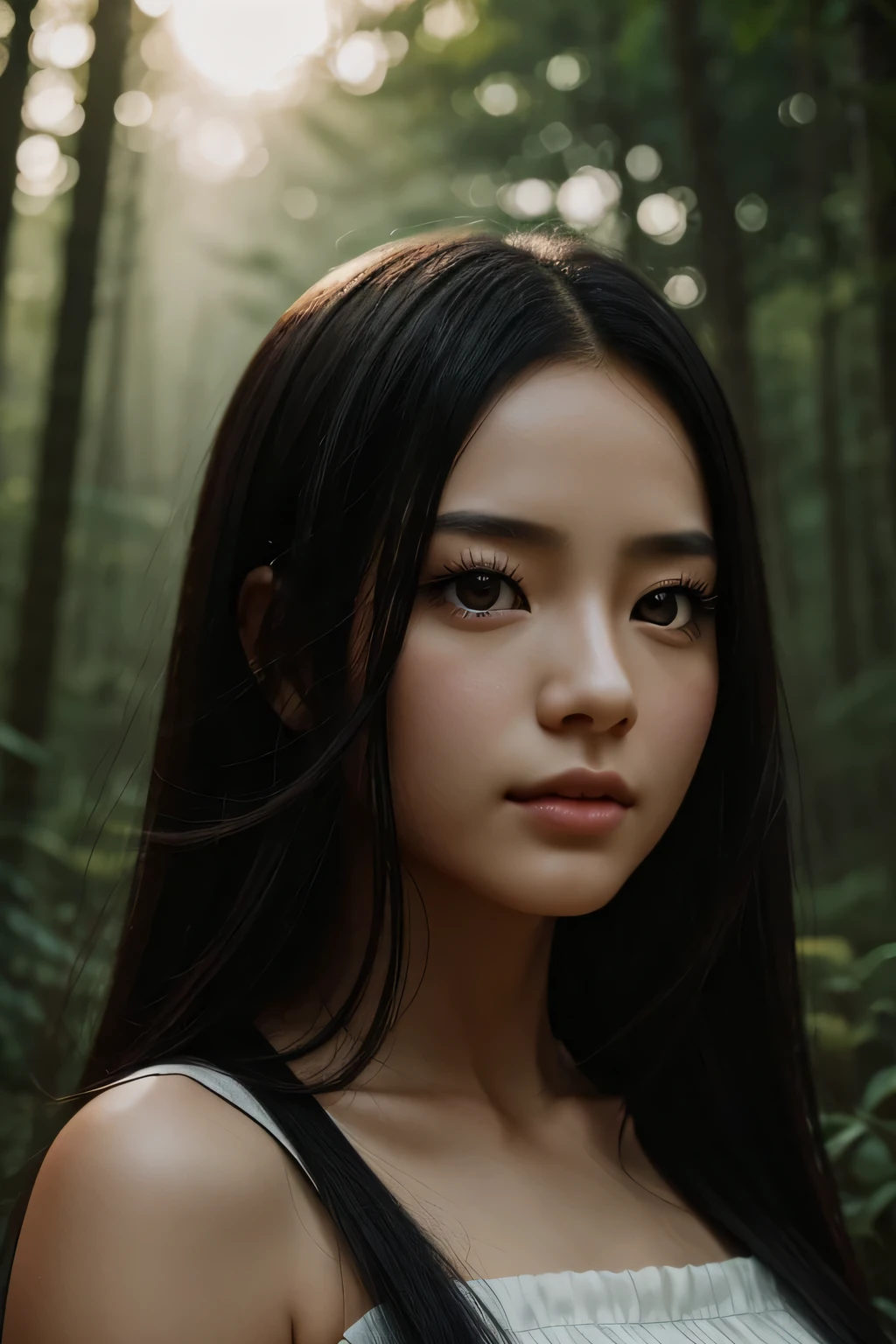 Long Black Hair beautiful Girl, Fair skin, And black eyes, In the forest with movie lights, dark and gloomy. She wears a golden white dress, Her eyes focused, looking at the viewer. 彼女の肌はFair skinです, Her face is delicate and perfect, masterpiece, 最high qualityの芸術作品. The image is an incredibly detailed 8K CG wallpaper, Cinematic tones with artistic cinematic lighting and neutral filters. masterpiece, 最high quality, high quality, High resolution