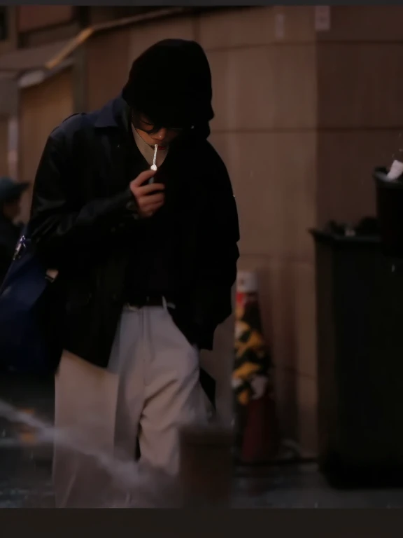 there is a man that is standing in the street with a cell phone, still from a live action movie, smoking a cigarette in the rain, scene from live action movie, in style of kar wai wong, he is smoking a cigarette, screenshot from a movie, style of akira motion movie, movie screencap, taehyung eating gucci fries, movie screen shot