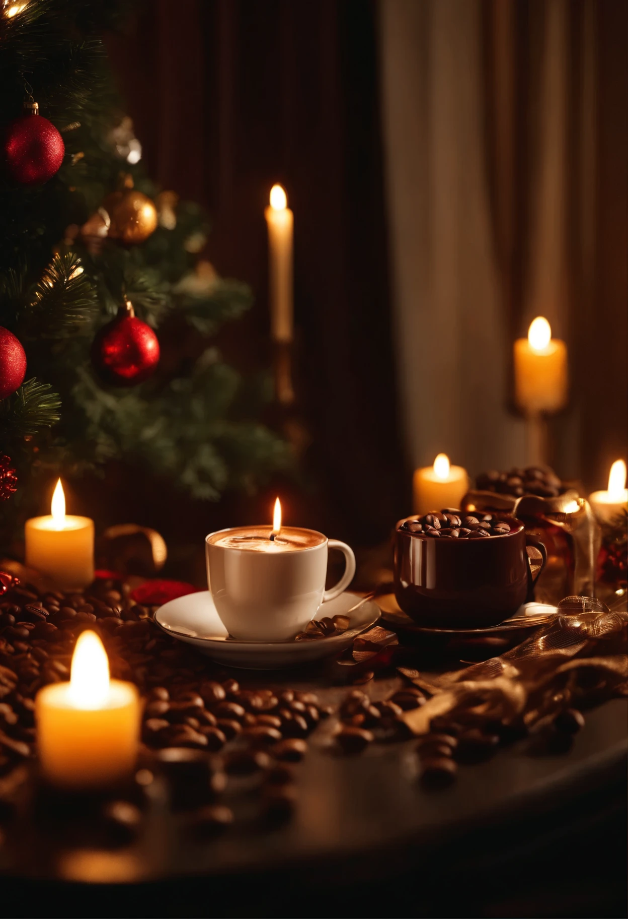 best quality,4k,8k,highres,masterpiece:1.2,ultra-detailed,realistic:1.37,coffee,chocolate,candle,Christmas tree,gorgeous,executive,illustration,cosy atmosphere,rich colors,warm lighting,winter scent,cocoa aroma,dark chocolate,sparkling lights,festive decorations,expensive taste,sophisticated,coffee beans,melting chocolate,magical ambiance,glowing candles,ornaments,vibrant colors,indulgence,dreamy atmosphere,shadowplay,mood lighting,ornate decorations,velvet texture,golden accents,celebration,reflection,enjoy the moment