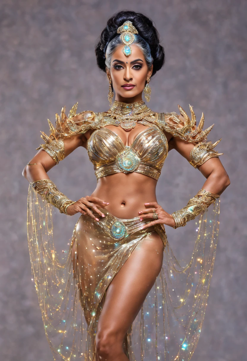best quality, realistic, hand-held hologram of a beautiful older indian ifbb, four arms, multple arms, cybernetic cable hair, gold top, iridescent skirt, translucent skirt