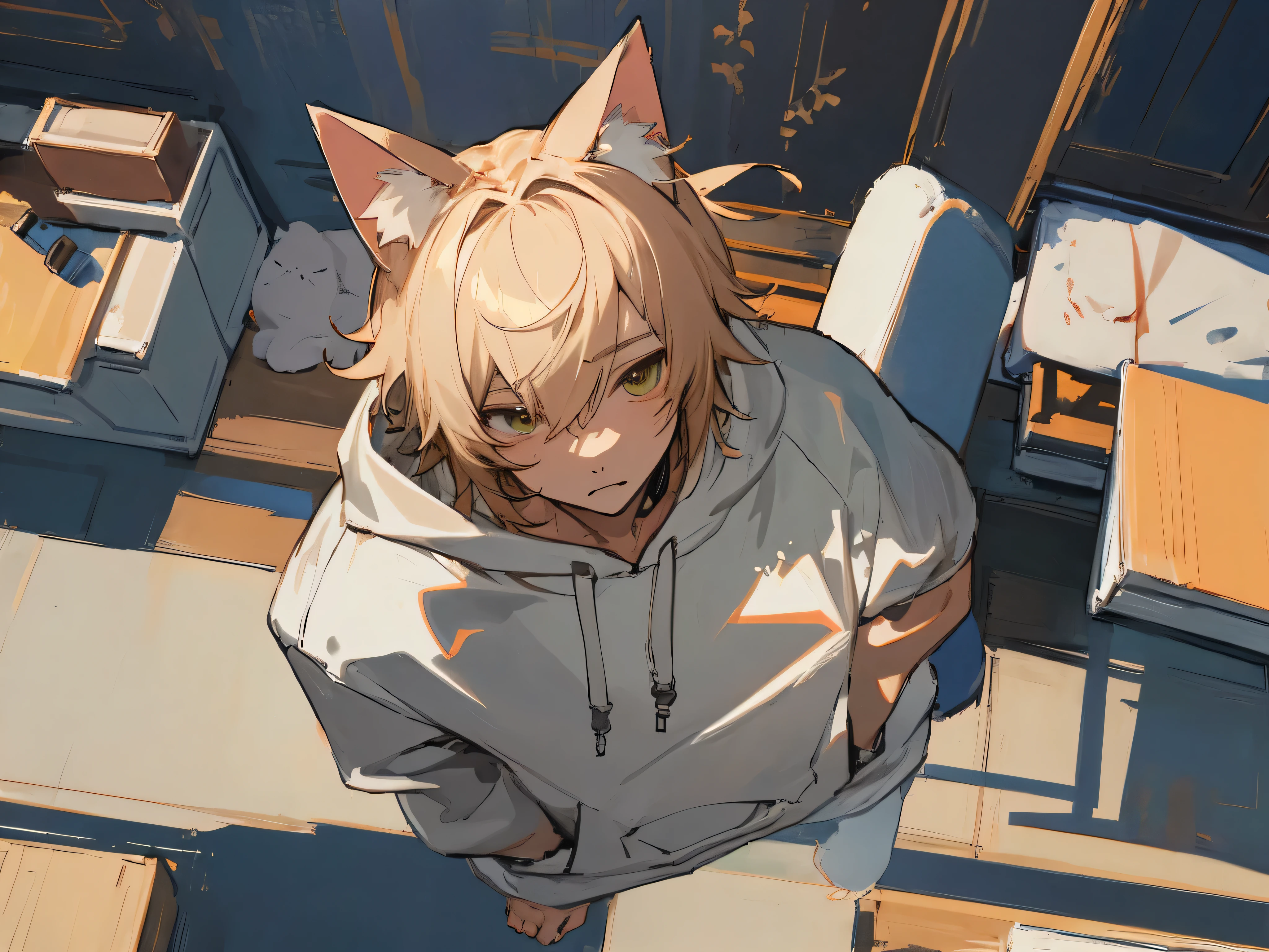 masterpiece,pamper,(cat ears hoodie),male,solo,From above,ムラムラ、Background room