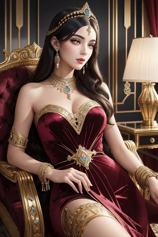 A girl in an elegant Art Deco room, surrounded by luxurious furnishings, elaborate patterns, and geometric shapes. The room features polished marble floors with exquisite inlaid patterns and a large, ornate chandelier hanging from the ceiling. The walls are adorned with intricate, gold-leafed Art Deco designs, creating a sense of opulence and grandeur. The room is filled with rich colors and luxurious fabrics, including velvet curtains and plush velvet armchairs. The girl is dressed in a glamorous 1920s-style gown, with beaded details and a feathered headpiece. Her eyes are captivating, with long, dark lashes and perfectly lined eyelids. Her lips are painted a deep red, exuding confidence and elegance. The lighting in the room is soft and warm, casting gentle shadows on the exquisite details. The overall image is of the highest quality, with ultra-detailed textures and realistic rendering. The color palette is vibrant and sophisticated, with rich jewel tones and metallic accents. The Art Deco style is beautifully captured, with its iconic geometric shapes and intricate patterns.