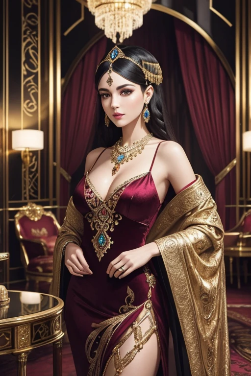 A girl in an elegant Art Deco room, surrounded by luxurious furnishings, elaborate patterns, and geometric shapes. The room features polished marble floors with exquisite inlaid patterns and a large, ornate chandelier hanging from the ceiling. The walls are adorned with intricate, gold-leafed Art Deco designs, creating a sense of opulence and grandeur. The room is filled with rich colors and luxurious fabrics, including velvet curtains and plush velvet armchairs. The girl is dressed in a glamorous 1920s-style gown, with beaded details and a feathered headpiece. Her eyes are captivating, with long, dark lashes and perfectly lined eyelids. Her lips are painted a deep red, exuding confidence and elegance. The lighting in the room is soft and warm, casting gentle shadows on the exquisite details. The overall image is of the highest quality, with ultra-detailed textures and realistic rendering. The color palette is vibrant and sophisticated, with rich jewel tones and metallic accents. The Art Deco style is beautifully captured, with its iconic geometric shapes and intricate patterns.