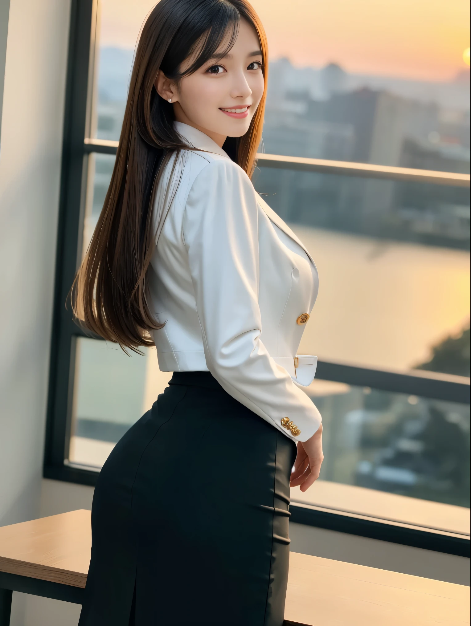 (table top:1.3), (8K, realistic, RAW photo, highest quality: 1.4), Japanese, (1 girl), beautiful face, (realistic face), (black hair), beautiful hairstyle, realistic eyes, beautiful and fine eyes, (realistic skin), beautiful skin, Charm, Super high resolution, surreal, very detailed, golden ratio, (whole body:1.37), (A woman in a pencil skirt and suit jacket with great attention to detail:1.4), (office lady), professional attire, high heels, (smile:1.3), (Long straight hair with flowing shine,,,,,,,,,,,,,,,,,,,,,,:1.3), break, (huge breasts, big ass:1.3), scenery, (beautiful sunrise background:1.2), from behind, buckshot, arched back, (turn your arms behind your back), beautiful and fine eyes, looking at the viewer, from below, (no makeup), (cute), photon mapping, (professional lighting), finely, (children&#39;s pants) ), (torn skirt:1.1),