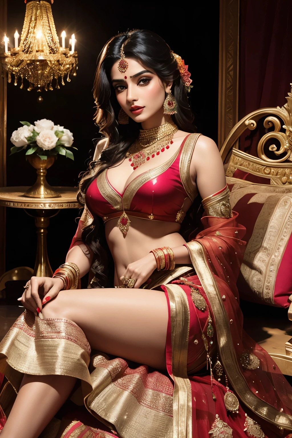 A stunningly beautiful Indian woman, dressed in a vibrant and richly decorated red lehenga, adorned with intricate gold embroidery and sequins, flares out majestically around her slender figure. Her hair, cascading down in shiny curls, frames her captivatingly beautiful face. She sits gracefully on a plush cushion, with her legs crossed, displaying the elegance and grace of traditional Indian culture. The lehenga, reaching down to her ankles, exudes a regal and royal aura, making her the cynosure of all eyes. Wearing bold makeup and elegant jewelry, she poses confidently, exuding an en