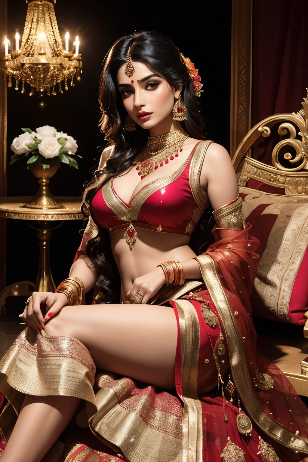 A stunningly beautiful Indian woman, dressed in a vibrant and richly decorated red lehenga, adorned with intricate gold embroidery and sequins, flares out majestically around her slender figure. Her hair, cascading down in shiny curls, frames her captivatingly beautiful face. She sits gracefully on a plush cushion, with her legs crossed, displaying the elegance and grace of traditional Indian culture. The lehenga, reaching down to her ankles, exudes a regal and royal aura, making her the cynosure of all eyes. Wearing bold makeup and elegant jewelry, she poses confidently, exuding an en