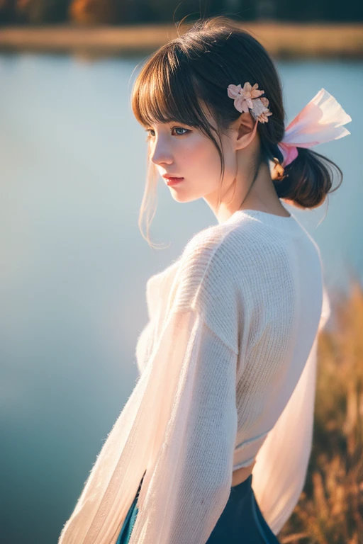 (8K, highest quality, masterpiece:1.2),(highest quality:1.0), (ultra high resolution:1.0), watercolor, beautiful woman, shoulder, hair ribbon, By Agnes Cecil, Half Body Portrait, extremely luminous bright design, pastel colour, (ink:1.3), autumn lights,,tights