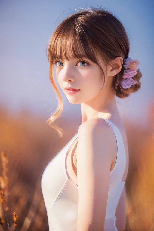 (8K, highest quality, masterpiece:1.2),(highest quality:1.0), (ultra high resolution:1.0), watercolor, beautiful woman, shoulder, hair ribbon, By Agnes Cecil, Half Body Portrait, extremely luminous bright design, pastel colour, (ink:1.3), autumn lights,,tights