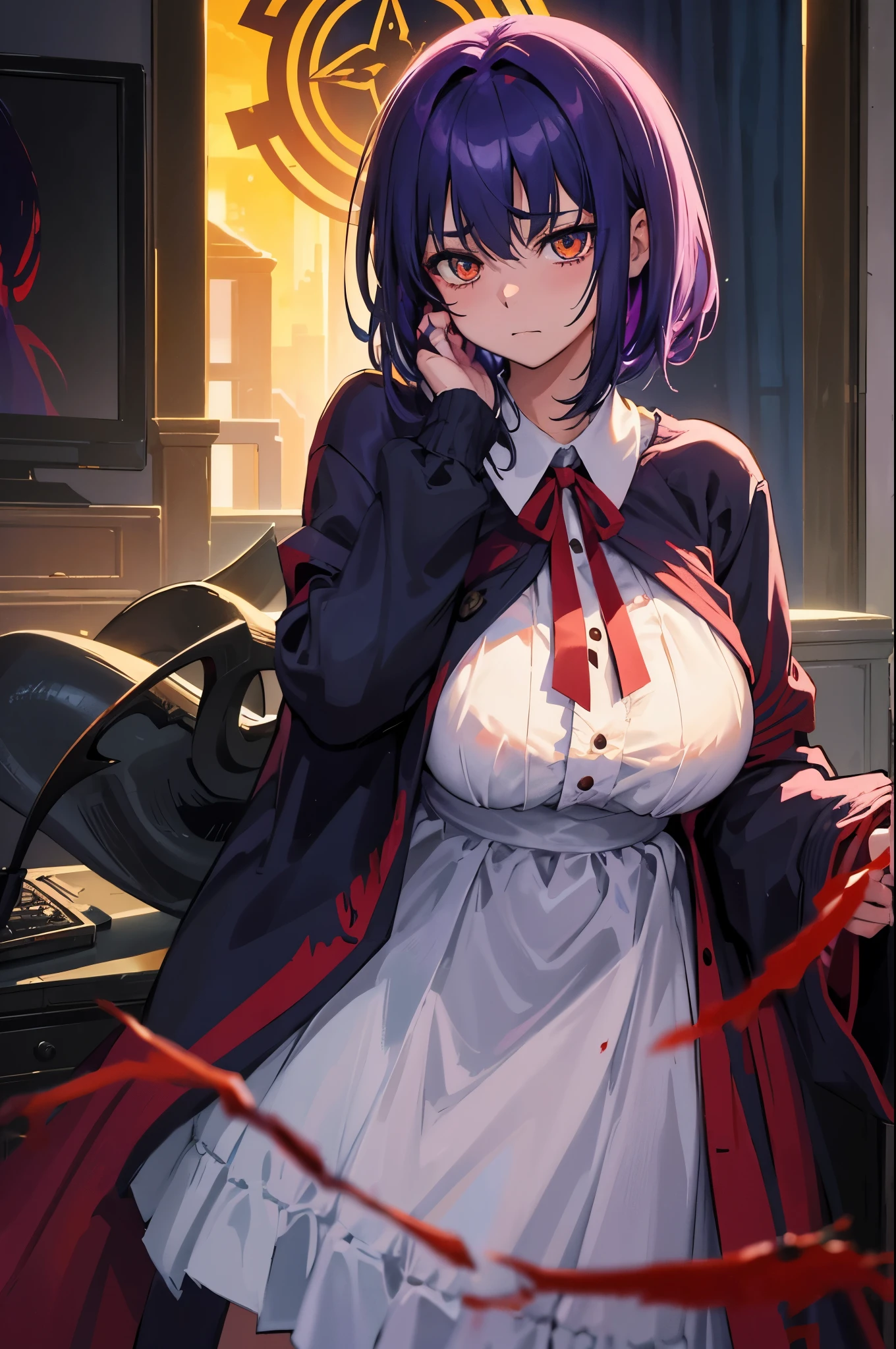Best anime fall 2022:
A group of high school students with vibrant purple hair and bright yellow eyes, dressed in navy blue cardigans and gathered around a TV, excitedly discussing the upcoming season. The room is dimly lit, creating an atmospheric setting as they wait for the new anime to begin.
OR
Best anime fall 2022:
In the dimly lit room, a young girl with short white hair stained with blood sits at an altar. Her dress is also bloodstained, and her eyes are red with anger. She holds a huge, blood-colored scythe in one hand, and with a look of disdain on her