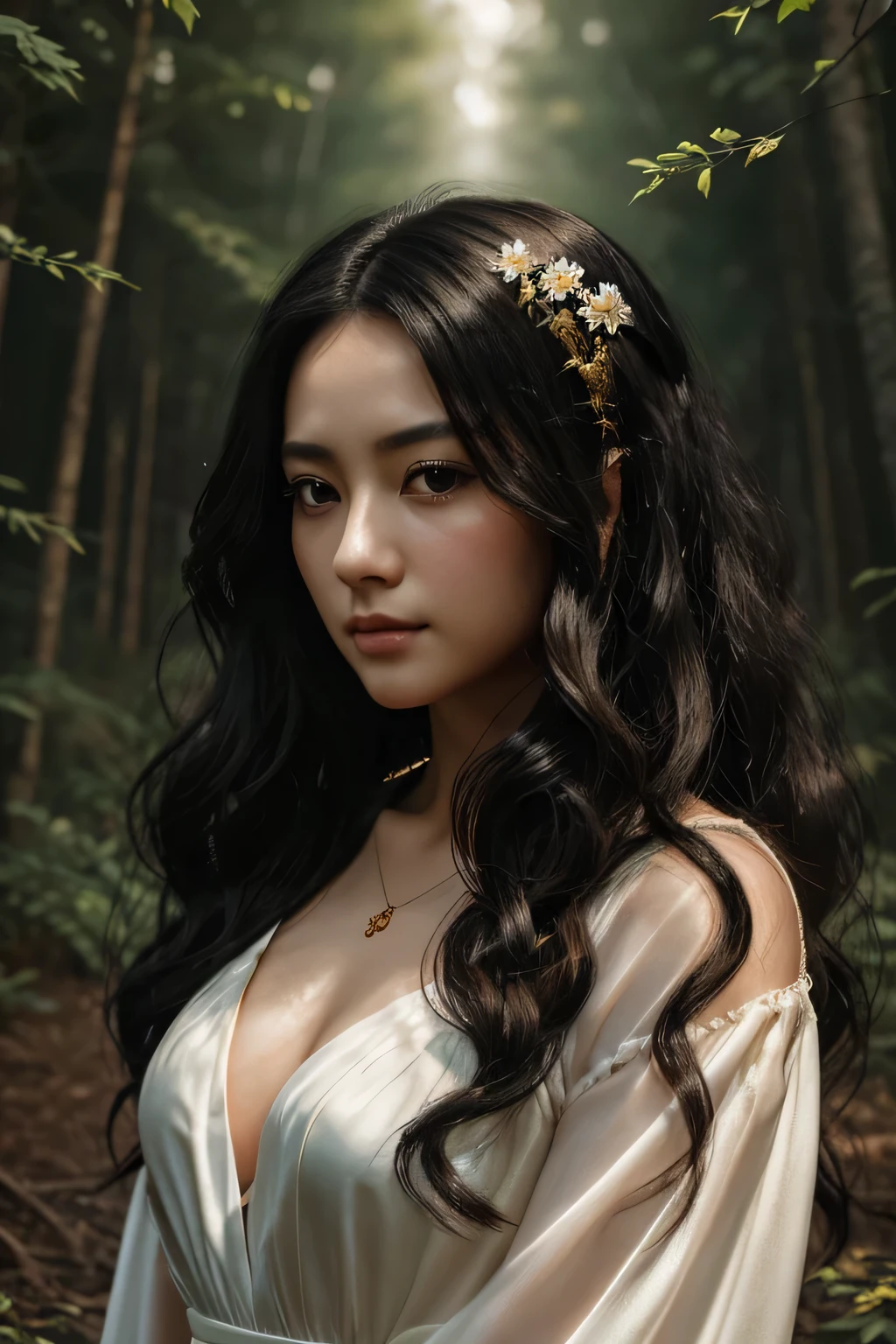 ((30 year old beautiful girl with long dark hair)), Fair skin, And black eyes, (In the forest with movie lights), (Beautiful flowers are blooming)、dark and gloomy. She wears a golden white dress, Her eyes focused, looking at the viewer. 彼女の肌はFair skinです, Her face is delicate and perfect, masterpiece, 最high qualityの芸術作品. The image is an incredibly detailed 8K CG wallpaper, Cinematic tones with artistic cinematic lighting and neutral filters. masterpiece, 最high quality, high quality, High resolution, 30-year-old girl, ((Long black curly hair))