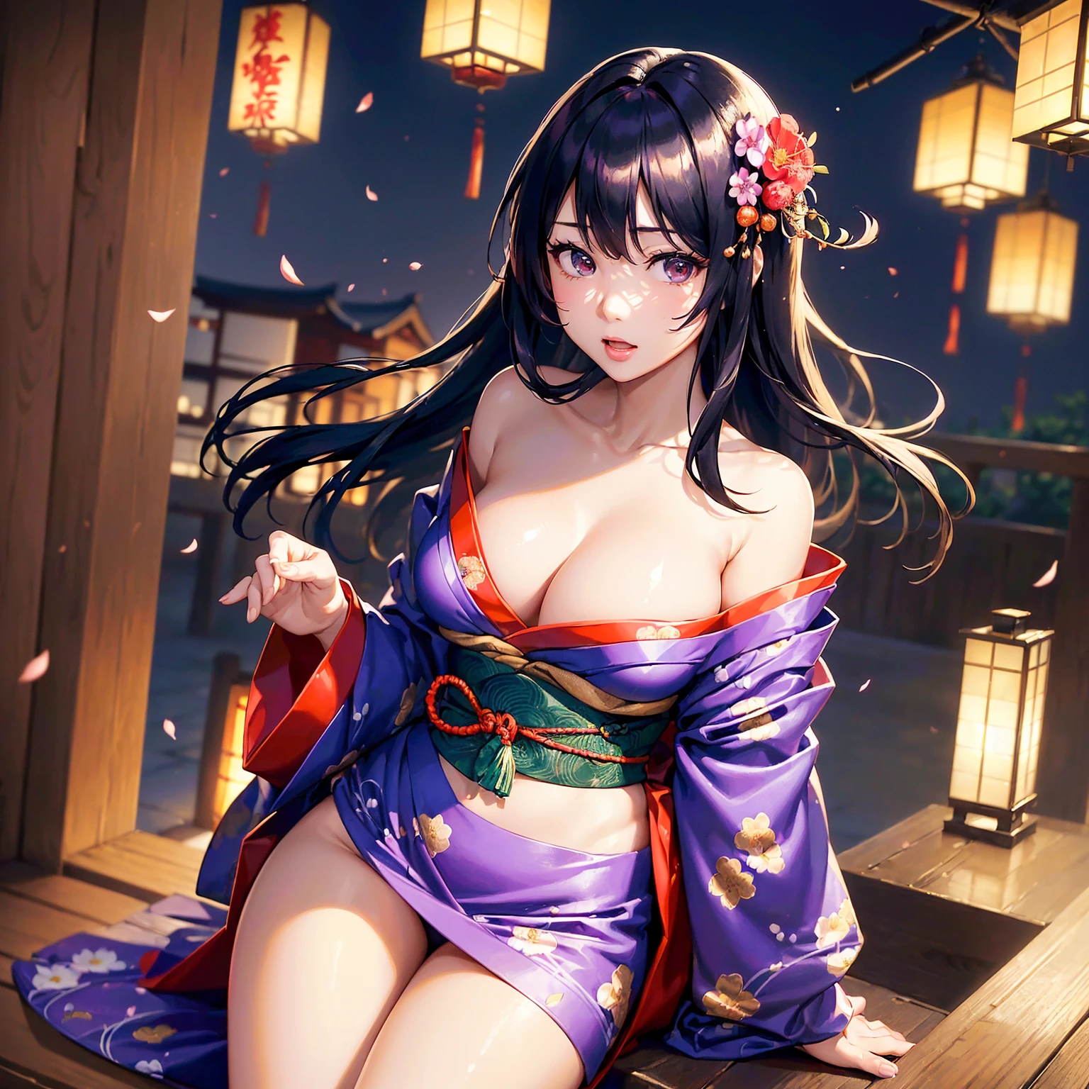 (((highest quality、masterpiece、very high resolution))),(There is one woman who has perfect and ultimate beauty.,beautiful figure,beautiful face,beautiful skin,beautiful breasts),(you have a nice look,open your mouth,cheeks are red),(beautiful hair,Japanese hair,best hair texture),(beautiful breasts:F cup,Best skin texture,I can see the cleavage,I can see my thighs),((wearing a beautiful Japanese kimono,red kimono,purple kimono,Black kimono,Pink kimono,floral kimono)),(There is a sense of dynamism,the wind is blowing,Kimono and hair are affected by the wind、Japanese garden:Night cherry blossoms and lanterns、mysterious night sky、beautiful scenery)、(model pose,model shoot),(Overall image、accurate image、Detailed images、accurate anatomy、Image without defects、Natural light、beautiful images、非常にDetailed images、Perfect Image 1.5)、(best shot,RAW photo)、Realistic portraits,bijinga,Yamato Nadeshiko,Japanese clothing,
