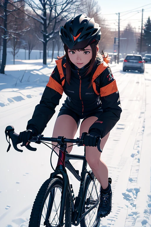 (8K), (best quality), (muste piece: 1.2) Sexy woman riding a cross bike in the snow wearing down all over