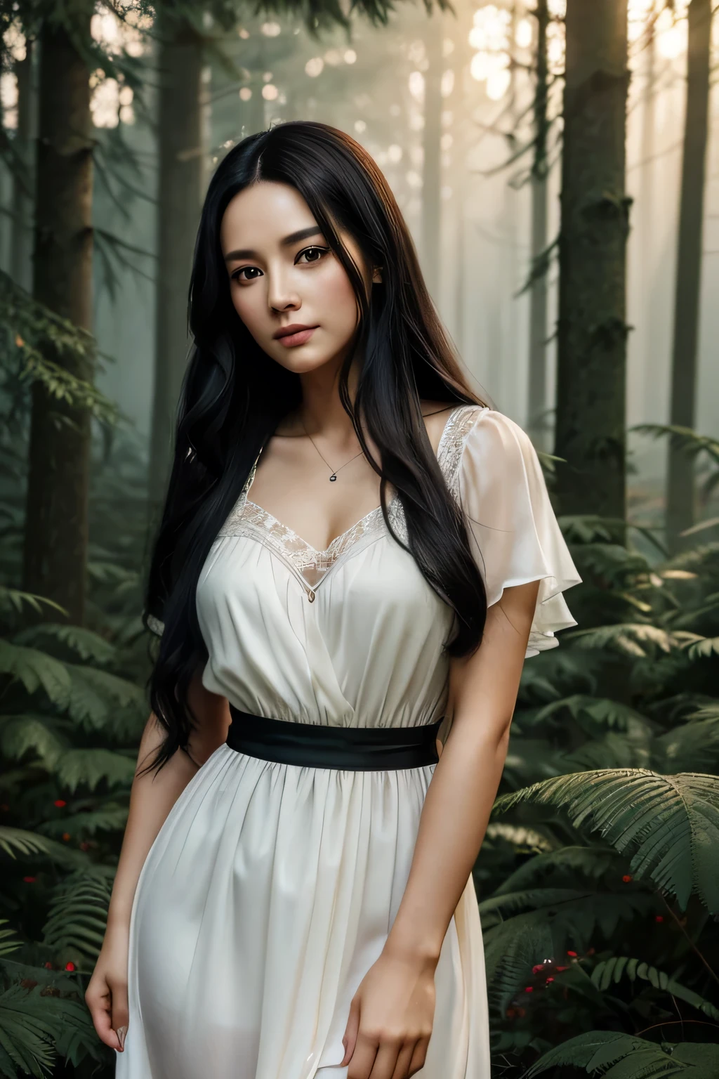 ((30 year old beautiful girl with long dark hair)), Fair skin, And black eyes, (In the forest with movie lights), (Beautiful flowers are blooming)、dark and gloomy. She wears a golden white dress, Her eyes focused, looking at the viewer. 彼女の肌はFair skinです, Her face is delicate and perfect, masterpiece, 最high qualityの芸術作品. The image is an incredibly detailed 8K CG wallpaper, Cinematic tones with artistic cinematic lighting and neutral filters. masterpiece, 最high quality, high quality, High resolution, 30-year-old girl,
