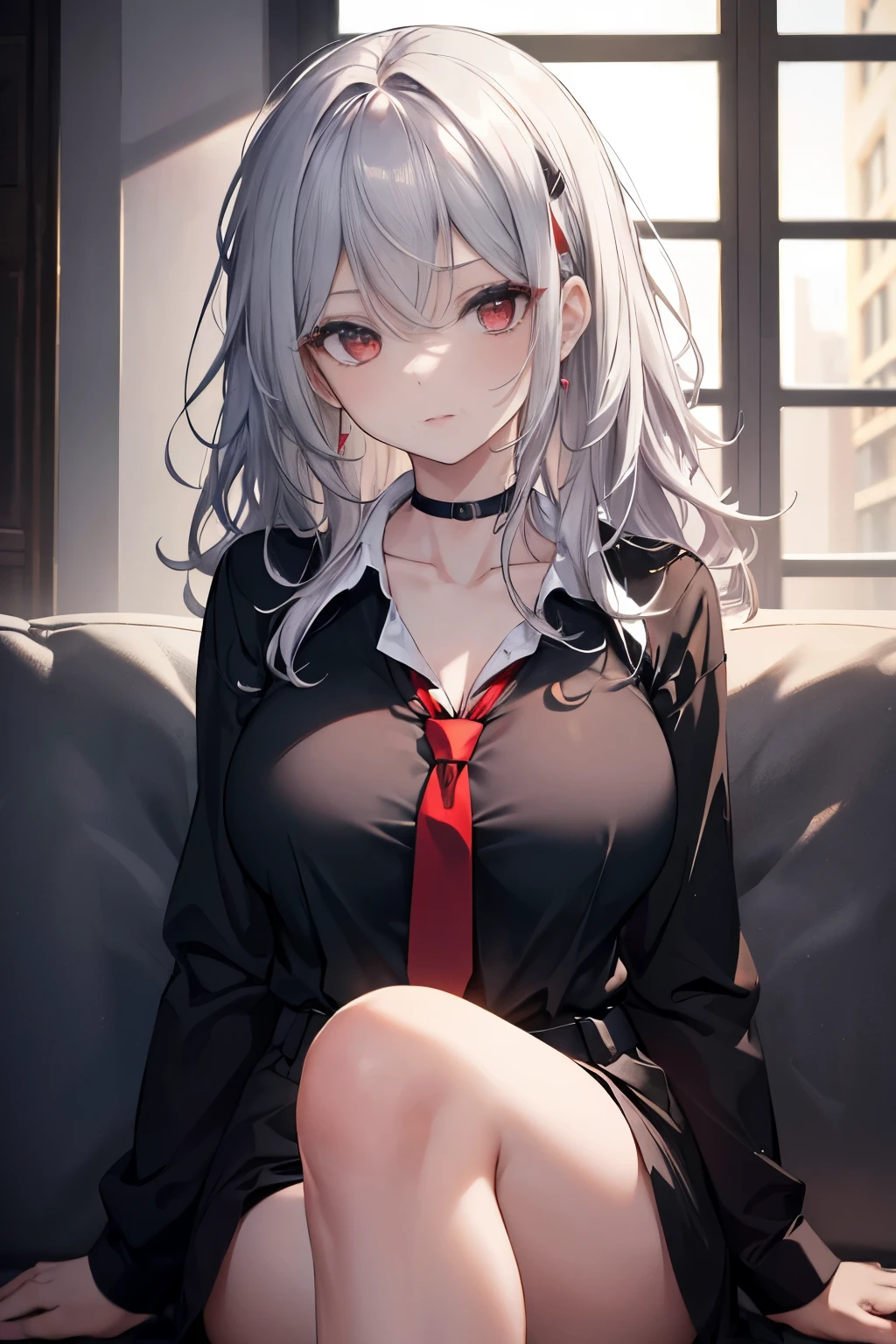 Beautiful caucasian woman, (black_shirt, red tie), solo, (mature woman:1.2), (pixiv:1.1), skinny, (red eyes), detailed eyes, black eyeshadow, (silver hair), hair clips, (wavy hair, hair strands, messy hair), collarbone, (beautiful round breasts), sitting on couch, cinematic lighting, intricate details, indoors, portrait, looking at the viewer, professional, HD, 8K, (absurdres:1.2), ultra-detailed, (masterpiece, best quality), vivid colors, bokeh, highly focused, professional photography, close-up face, (detailed face)