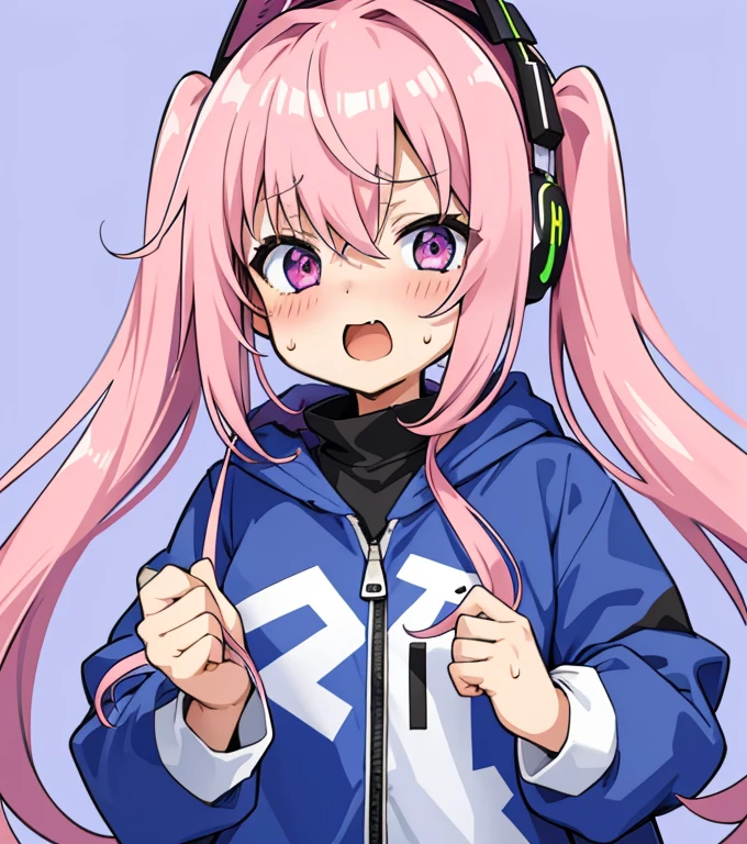 masterpiece, highest quality, super detailed, figure,1 girl,pink hair color,twin tails,black headphones ,blue Jacket, blush, chest , hoodie, flying sweat drops, Hello, Jacket, Hoshino, long sleeve, looking at the viewer, open your mouth, simple background, alone, Upper body, DJ