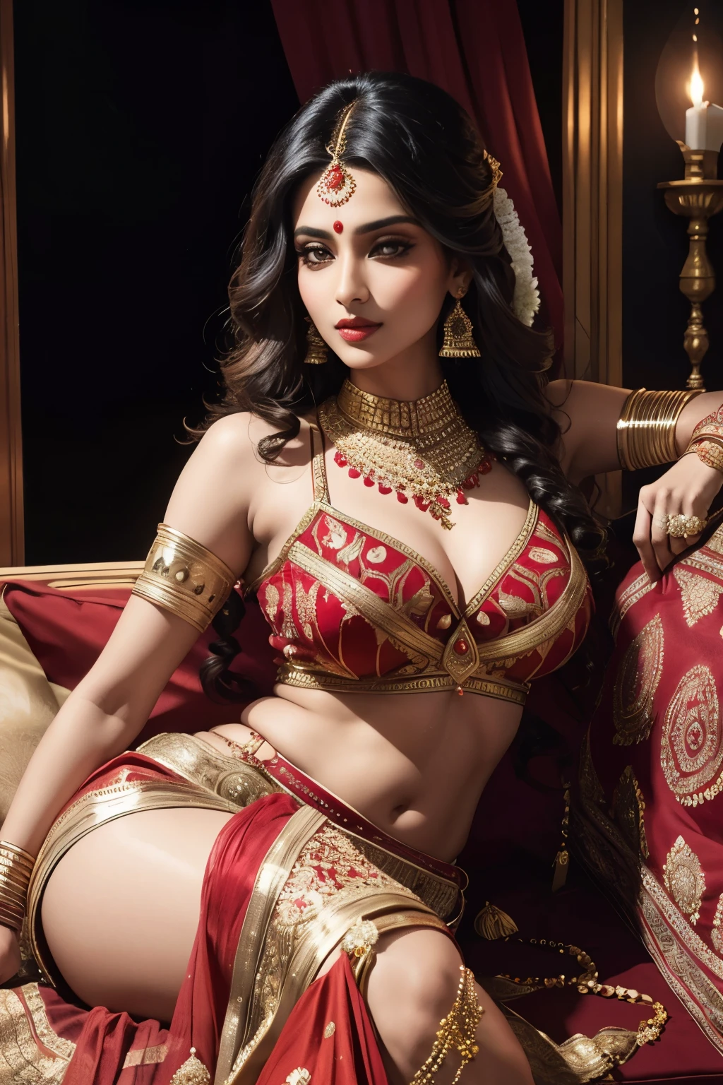 A stunningly beautiful Indian woman, dressed in a vibrant and richly decorated red lehenga, adorned with intricate gold embroidery and sequins, flares out majestically around her slender figure. Her hair, cascading down in shiny curls, frames her captivatingly beautiful face. She sits gracefully on a plush cushion, with her legs crossed, displaying the elegance and grace of traditional Indian culture. The lehenga, reaching down to her ankles, exudes a regal and royal aura, making her the cynosure of all eyes. Wearing bold makeup and elegant jewelry, she poses confidently, exuding an en