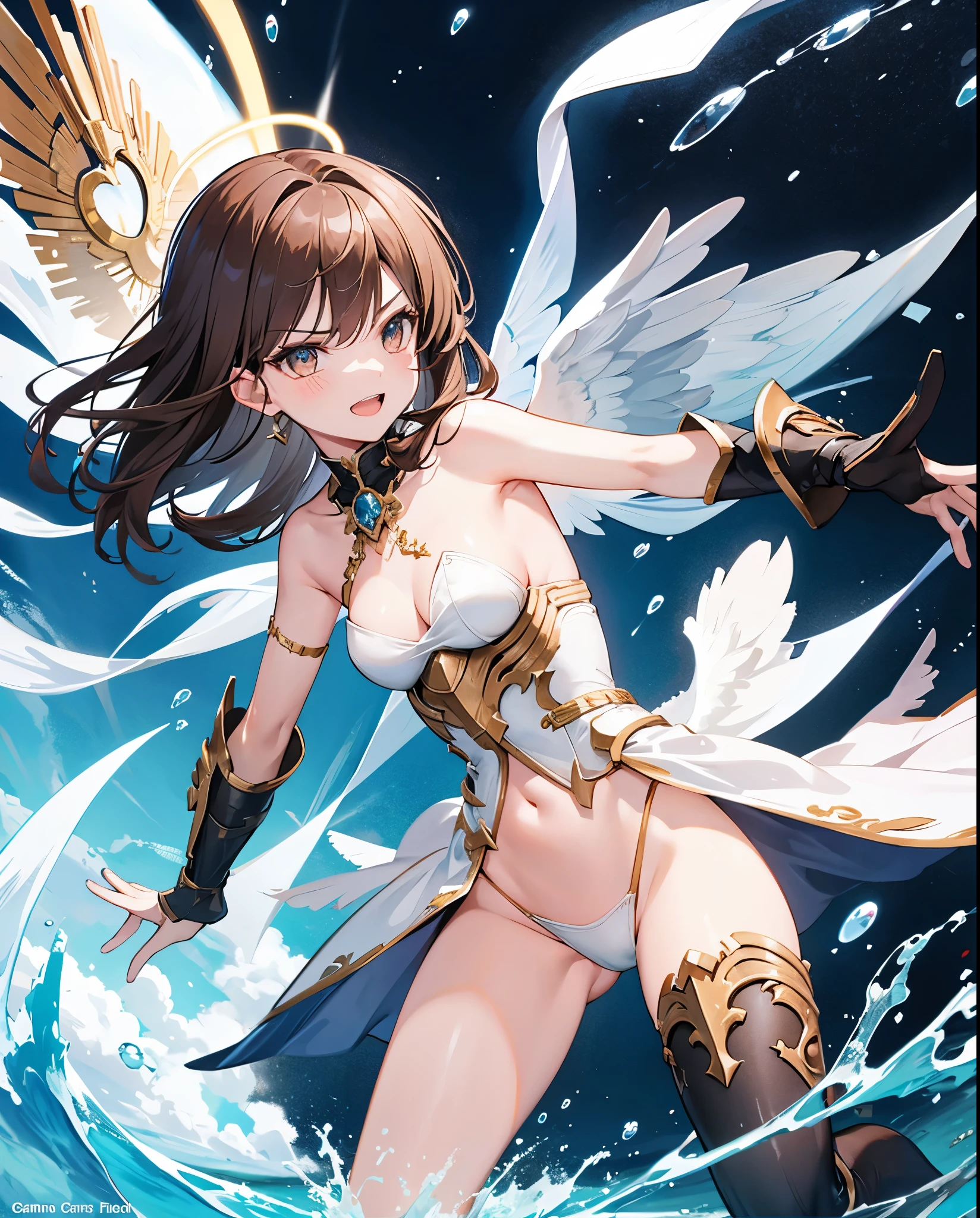 fantasy, 1angel_girl,, ,brown_hair, medium_bob_hair, long_bangs, halo,bare_shoulder,thighhighs,silver_armor, waist_armor, large_breasts,angry,grinning,open_mouth_teeth, 1pair_wings, dynamic_pose_fighting,floating, bare_crotch, headgear,gauntlet, greaves,ocean_sky_background,slightly_spread_legs, solo, groin_naked,