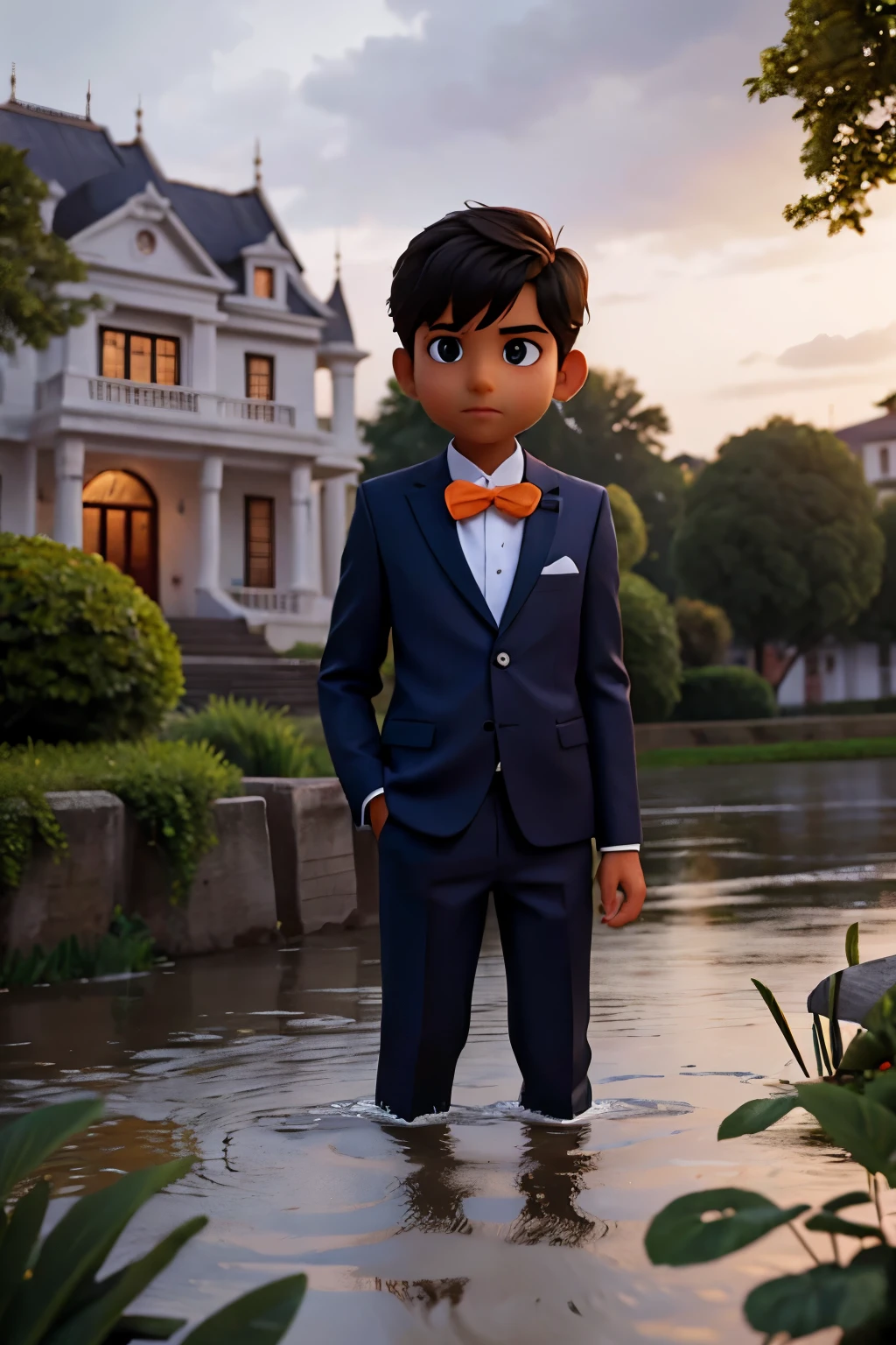 Indian boy wearing a suit, in front of a white mansion with rainy and cinematic weather with a river in front of the boy, with rats swimming.