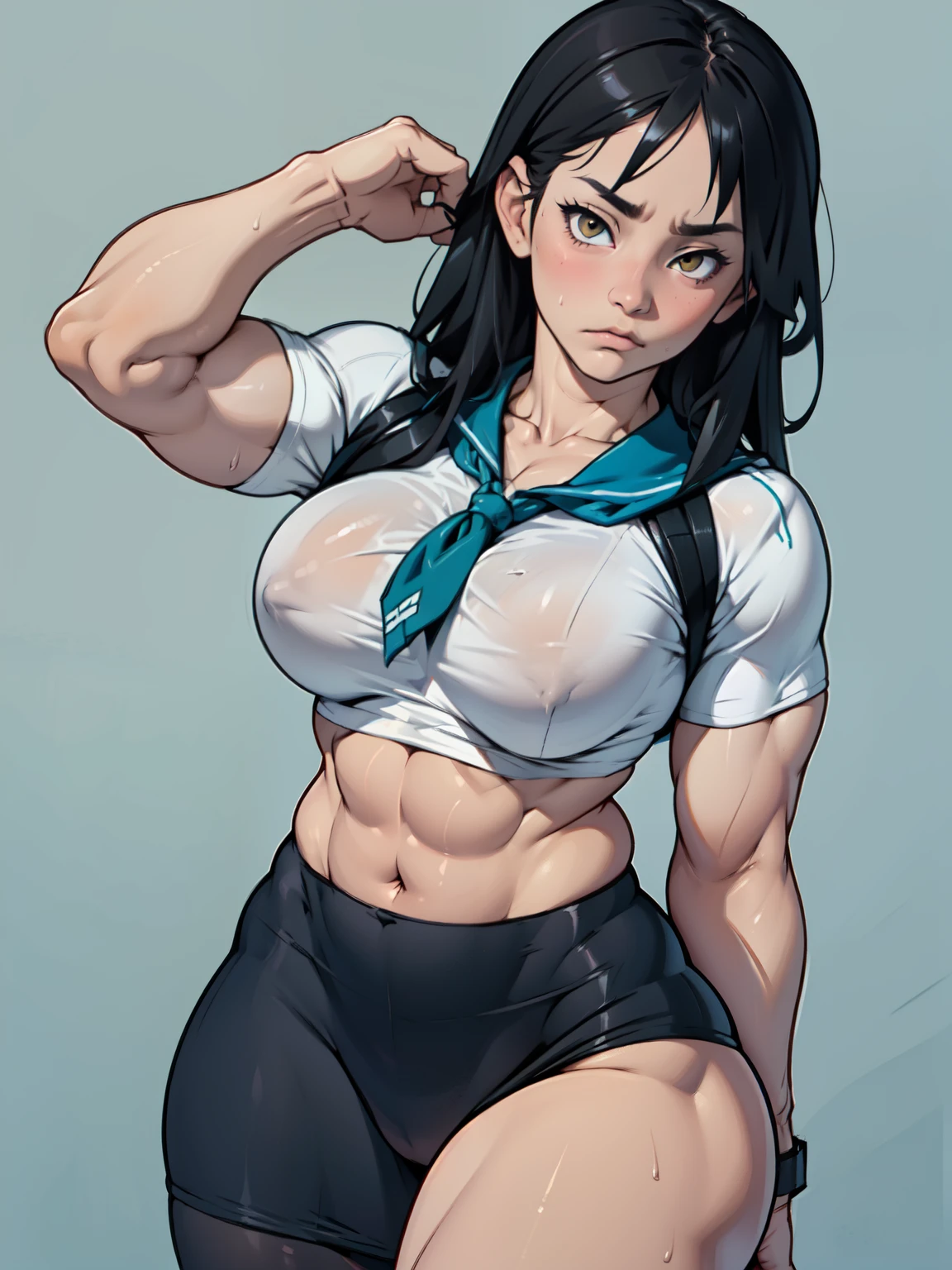 18 year old School girl ((muscular school girl large breasts thick)) sad pale skin black hair yellow eyes sad thin waist thin waist thin waist thin waist thin waist sweaty long abs long abs long abs long abs leggings simple background, Aesthetic school girl muscular trapezius, school girl muscular deltoids, school girl muscular pectoralis, a thick athletic school girl muscular school girl bodybuilder with very tight school girl muscles which includes tight and school girl muscular strong sholders, school girl Aesthetic biceps, tight 6 pack abs