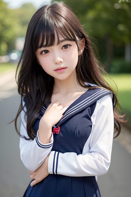 (8k , RAW photo , best quality , masterpiece:1.2), (realistic, photo-realistic:1.4), (extremely detailed 8k wallpaper), sharp focus, depth of field, blur background, bokeh, cinematic lighting, soft light, upper body,(looking at viewer), girl, Japanese idol , junior high school girl , (small breasts:1.5) , (open clothes: 1.5), (Brav5) , highly detailed beautiful face and eyes,(embarrassed,blush:1.3),(ecstasy:1.3), chest length hair , ((black hair)) , blunt bangs, very cute face , (young face:1.3) , smile , happy ,school uniform , (sailor suit: 1.5) , white shirts , BREAK dark blue collar , dark blue sleeves has three white lines , dark blue skirt , in a school uniform with a red tie