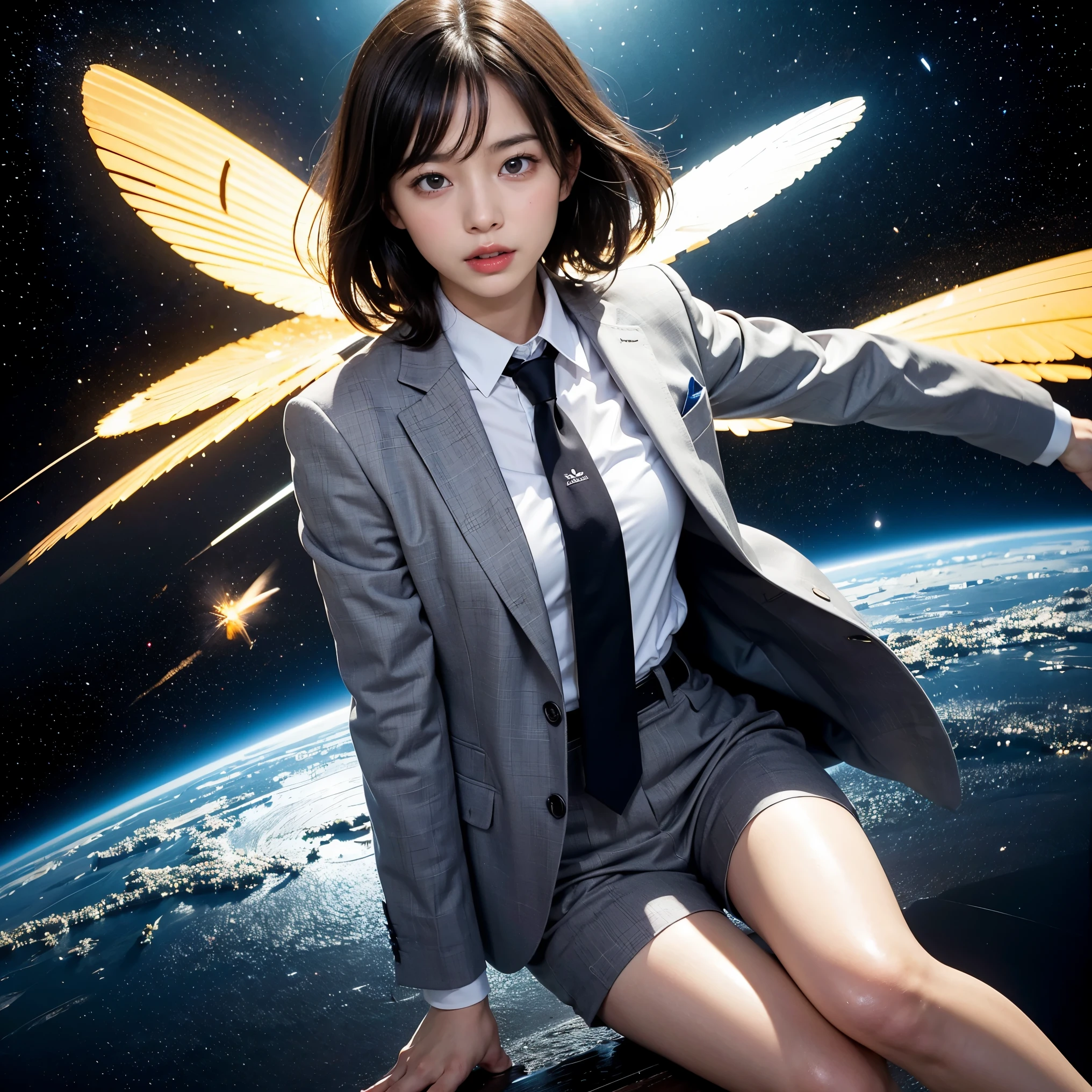 proud woman、surrounded by men、Plump、Shimenawa around neck、Hands and feet are tied to the beam with ropes、rampage、angry look、detailed face、fine hands、fine legs、(debris flies, highest quality:1.2), 8K, official art, chest、cute、wearing a suit、chestが見える、 planet, trending on cgstation, 太陽系外planet, official art, mar planet,  Sakimi-chan, Five Fingers Photos&#39;body of, Full body Esbian、beauty of suit、cool look、 (masterpiece) (highest quality) (become familiar with) (8K) (movie lighting) (sharp focus) (complicated)black hair、14 years old、小さいchest、laughter、incredibly stupid, (beautiful girl, cute face, turn back, gold ornaments in hair、wearing a suit、chestのクローズアップ, wearing a suit, short sleeve, gardenia, Viola family, space , looking at the viewer, film grain, chromatic aberration, オッパイsharp focus, face light, dynamic lighting, cinematic lighting, become familiar withな目と顔, (gray tie、1 part:1.2)