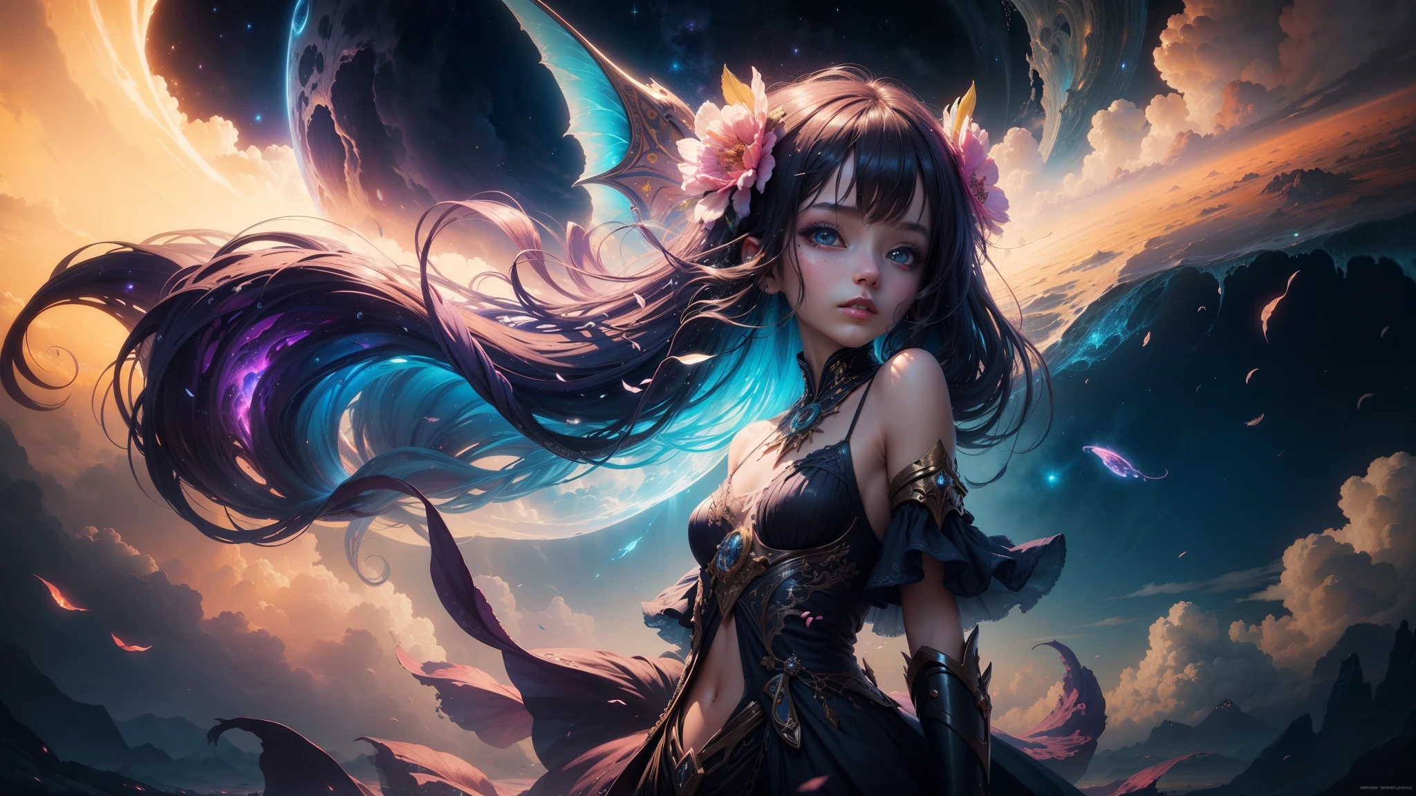 "((Fantasy art)) featuring an alien girl immersed in a celestial symphony, clouds transforming into vibrant splashes, flowers scattered like notes in the wind, a visual orchestration of color and wonder"