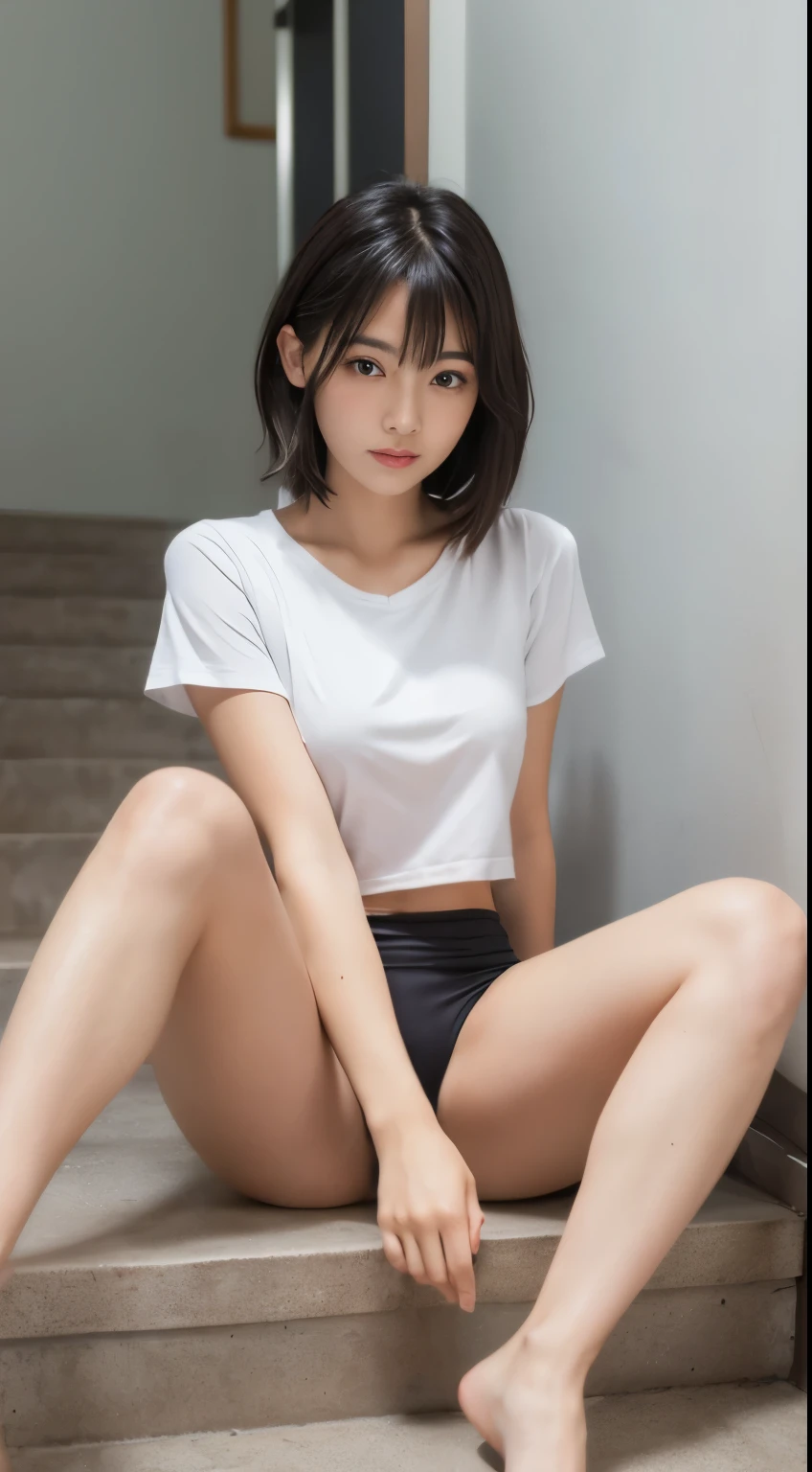 Photorealistic beautiful female student、18-year-old、amazingly beautiful、beautiful body、(highest quality、8K、32K、masterpiece、nffsw:1.3)、ultra high resolution,(Photoreal:1.4),RAW photo, detailed face,,beautiful hair, ((Doctor Style)), ,very short hair 、very short hair、amazingly beautiful二重まぶた、beautiful nipples、 natural makeup,, small perfect breasts, wet hair、detailed background, perfect lighting, Depth of written boundary, beautiful shadow gradation、thin thighs、(whole body)、、wet body、、Beautiful and slim perfect body、beautiful high nose、Trimmed thin pubic hair,((perfect anatomy,nice hands,perfect hands,five fingers connected to the palm)),perfect bare feet,delicate legs,perfect proportions,sexy,,((gym uniform, gym shirts, white t-shirts, buruma)),,black socks,chano leather shoes,(Sitting on the stairs inside a Japanese school),I can see your crotch,
