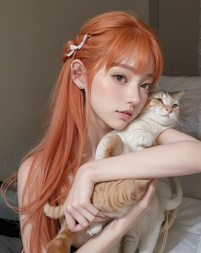 hay una mujer sosteniendo un gato y un gato en sus brazos, muy hermosa linda catgirl, she has long redpelo naranja, long pelo naranja, ulzzang, bella delfina, chica gato atractiva, hermosa joven gatita, el corte de hime, very long pelo naranja, Lalisa Manobal, con el pelo largo y rojo, pelo naranja