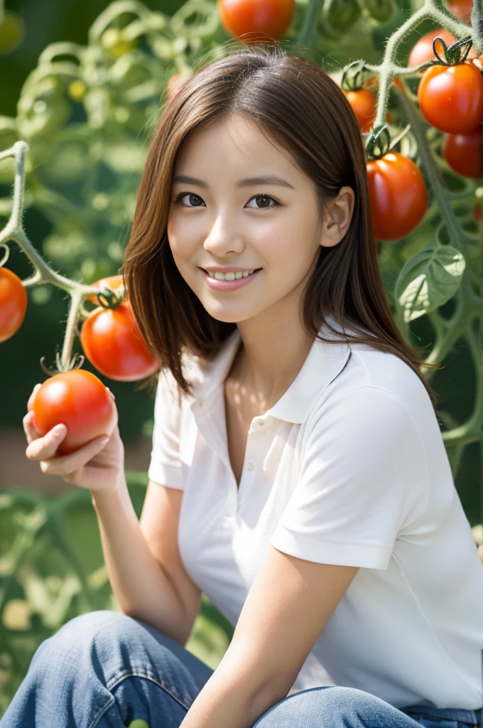 ,((Holding tomatoes in your hands)),((Tomato field)),(leaning forward),medium shot,1 girl,28 years old,whole body,sitting pose,ultra-realistic capture, very detailed, 人間の皮膚のHigh resolution 16K クローズアップ. Skin texture must be natural, So much detail that you can see even your pores. skin needs to look healthy, with an even tone. Use natural light and color,medium breasts,(highest quality,4K,8K,High resolution,table top:1.2),super detailed,smile,polo shirt,jeans,