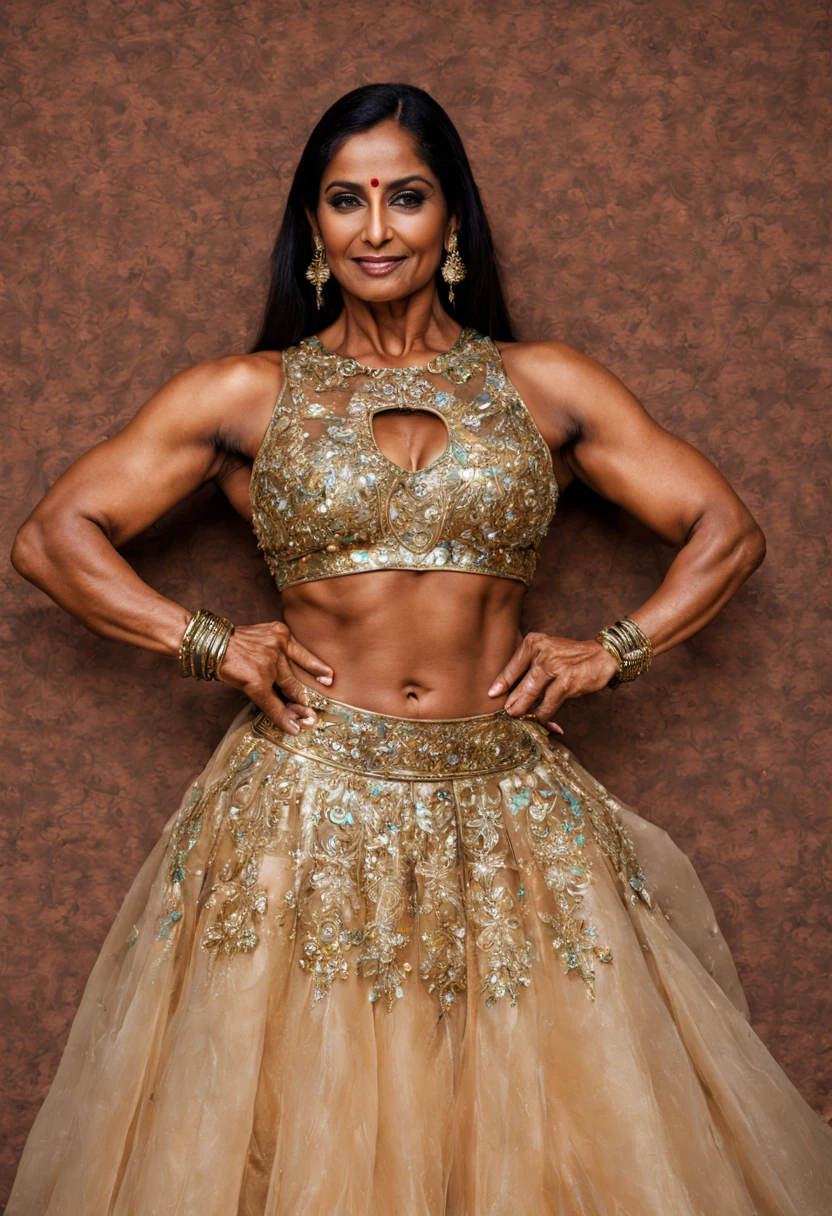 beautiful older indian ifbb, four arms, multple arms, shiny top, gold top, iridescent skirt, translucent skirt, concept