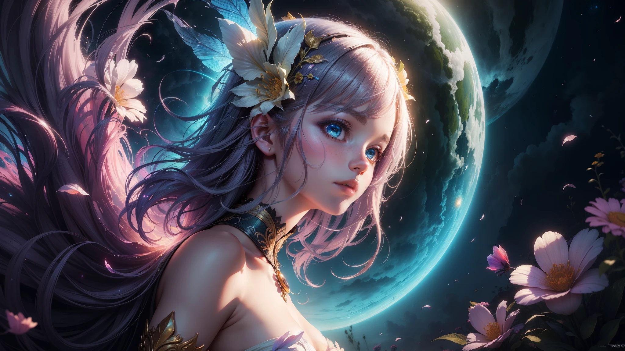 "((Fantasy art)) featuring an alien girl immersed in a celestial symphony, clouds transforming into vibrant splashes, flowers scattered like notes in the wind, a visual orchestration of color and wonder"