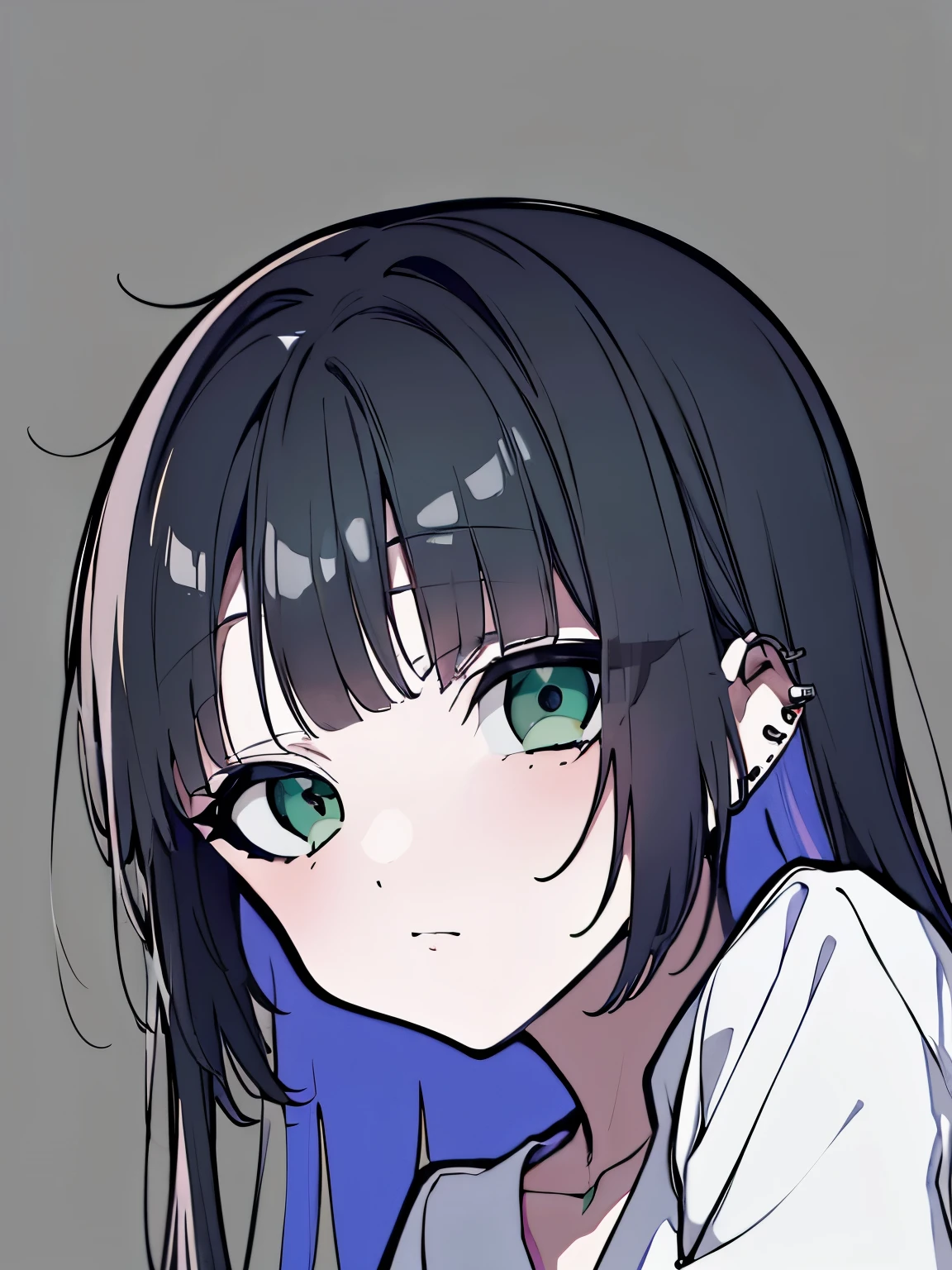 pasan, black hair, blunt bangs, blunt ends, chin piercing, colored inner hair, ear piercing, (green eyes:1.5), hime cut, long hair, medium bangs, multicolored hair, piercing, purple hair,