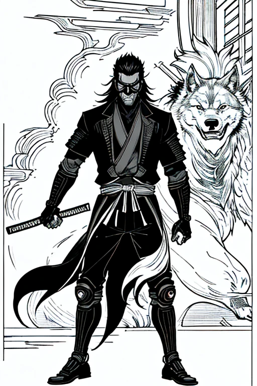 1boy, masterpiece, best quality, samurai suits, long wolf cut hair, holding 2 Japanese katana, cyberpunk, street, monochrome, line art