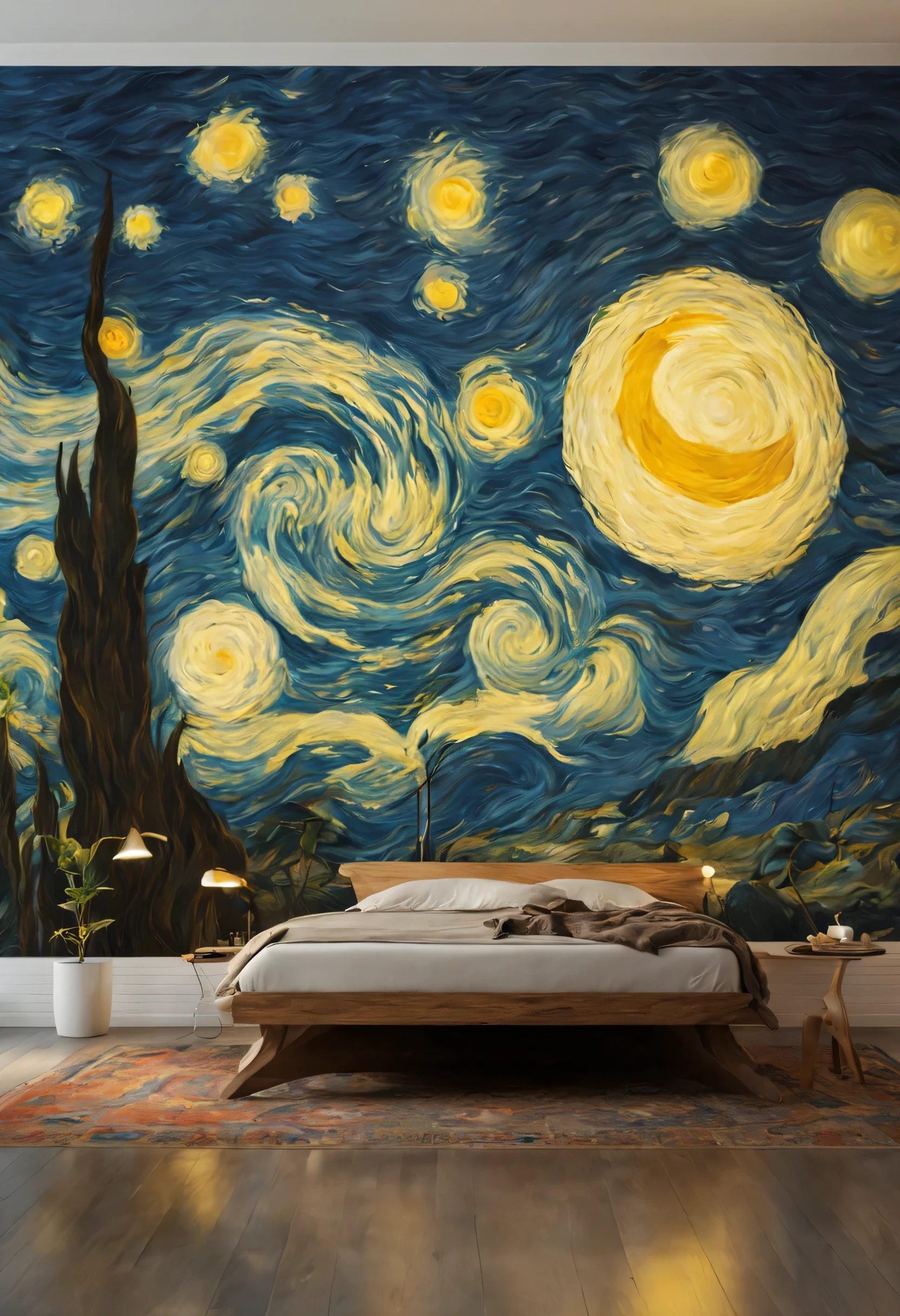 A room in the style of Vincent Van Gogh's masterpiece "Starry Night" (best quality, highres, vivid colors:1.2), featuring (ultra-detailed, photorealistic) brushstrokes. The room is filled with vibrant blues, yellows, and whites, creating an immersive atmosphere (HDR, UHD). The walls are covered with swirling patterns resembling the night sky, with stars and crescent moon shining brightly. The furniture and decor in the room are carefully chosen to complement the artistic style, including a rustic wooden bed with intricate carvings, a vintage desk with a paint palette and brushes scattered on top, and a comfortable armchair with a cozy blanket. The floor is adorned with a swirling carpet design reminiscent of Van Gogh's iconic brushstrokes. The room is illuminated by a soft, warm light (studio lighting), casting gentle shadows on the walls and furniture. The air is scented with a hint of lavender, adding to the calming ambience. The window overlooks a serene countryside landscape, with rolling hills and a peaceful river reflecting the starry night sky. The room exudes creativity and inspiration, inviting anyone who enters to immerse themselves in the beauty of Van Gogh's art.