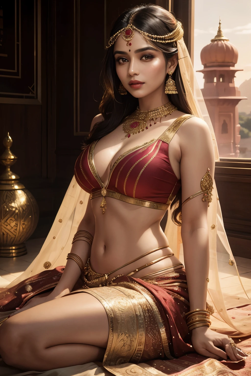 A mesmerizing full-length portrait of an alluring woman, adorned in a vibrant lehenga, the traditional Indian garment, with intricate golden embroidery, flowing gracefully around her curves. The fabric reveals a peek of her fair skin at the midriff, complemented by elegant bangles, delicate henna tattoos on her hands, and a bindi adorning her forehead. The background is a serene, richly hued sunset scene with a seamless blend of warm colors. The picture is rendered in exquisite detail, featuring sharp focus, high contrast, and vivid textures, creating a truly enchanting and hyper-realistic image. 8k